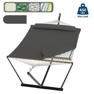 Double Hammock with Stand Included - 475lbs Heavy Duty 2 Person Hammock with Quilted Fabric Pad & Pillow - Hardwood Spreader Bar & 12FT Portable Steel Stand for Backyard, Patio, Indoor