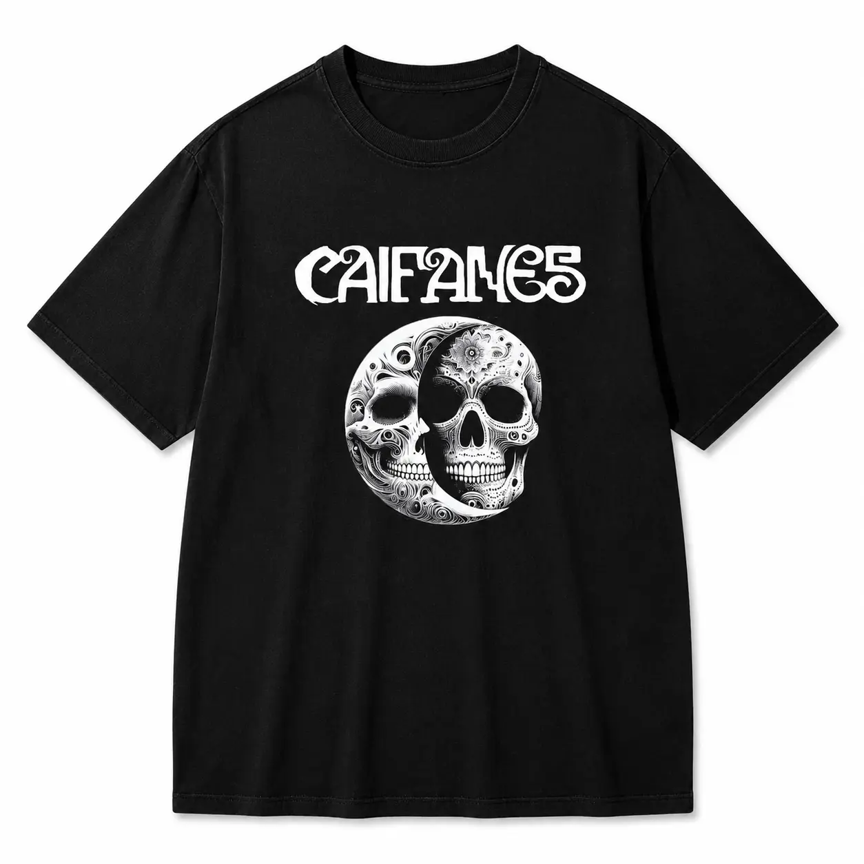Women's Ring-Spun Cotton Soft-Washed Short-Sleeve Loose Garment - Caifanes Dual Moon Eclipse Skull Comfort Color Letter Printed, Basic, Comfortable Cargo Day Top, Retro Street Vintage Style, Gift-Worthy, Outdoor Pants-Friendly T-Shirt