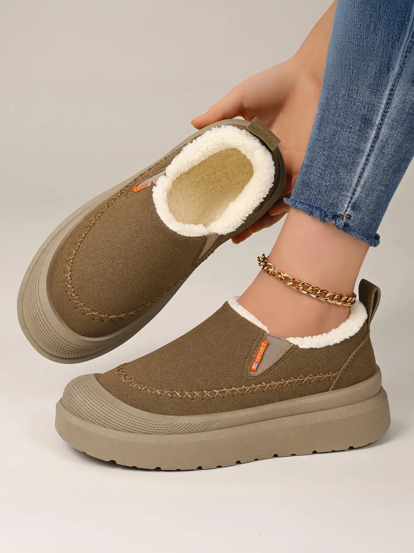 Classic Minimalist Women Stitched Trim Slip On Platform Winter Mule Booties, Soft Warm Fully Plush Lined Non-Slip Thick Sole Low Ankle Shoes, All-Match Footwear for Fall & Winter Jeans, Casual Warm Boots, Anti Slip Boots