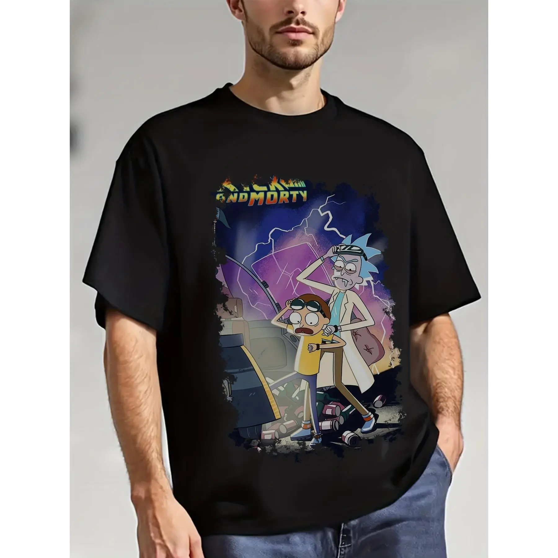 Back To The Future Crossover Rick And Morty Lightning Night Graphic Crew Neck Tee for Men, Retro Delorean Time Machine Wearing Goggles Rick & Morty Distressed Border Print Short Sleeve Casual Pullover T-shirt, Popular Adult Animated Series Fan Regular Fit