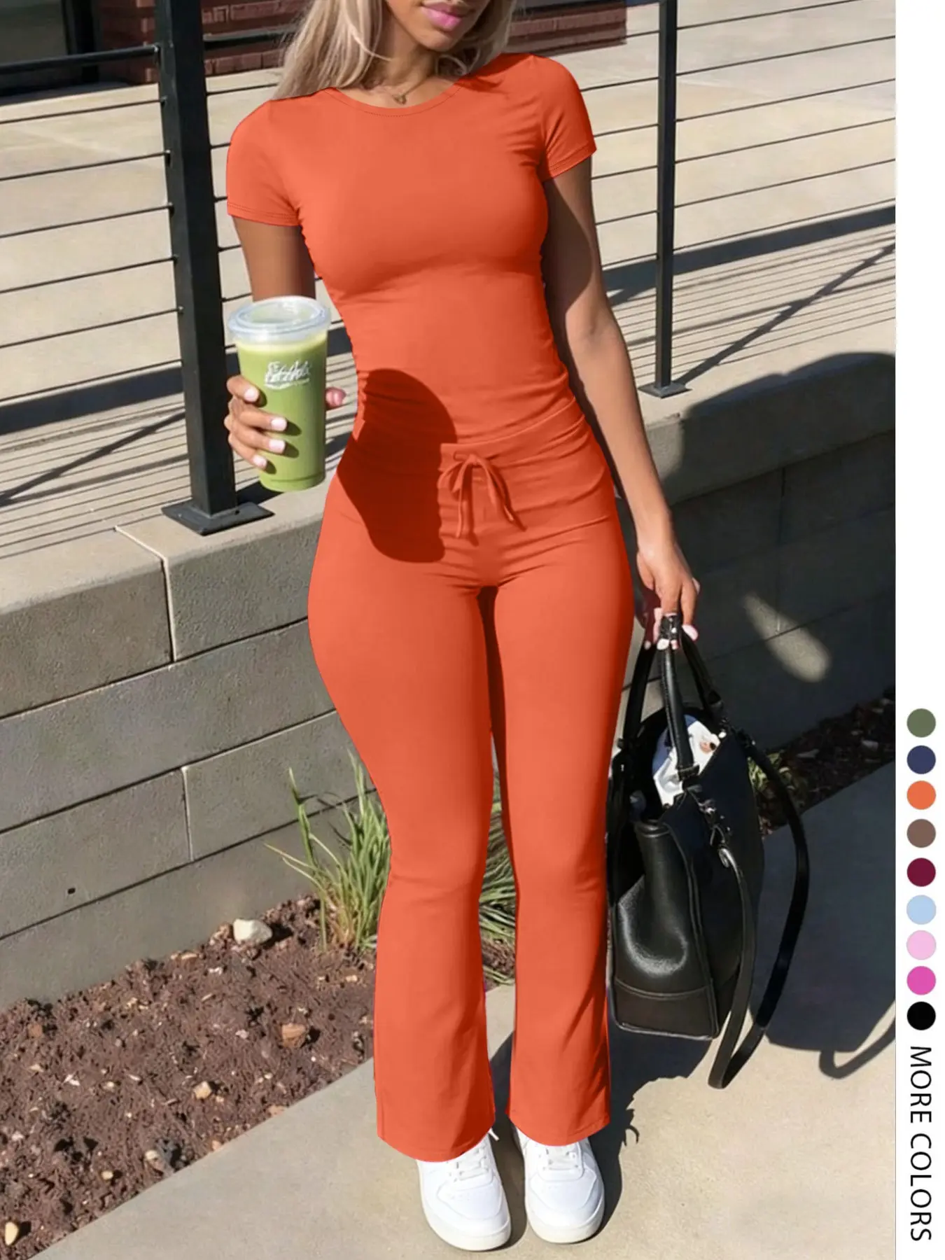 Women's Fashion Casual Solid Color Round Neck Short Sleeve T-shirt and Drawstring Pants Set for Summer, Womenswear