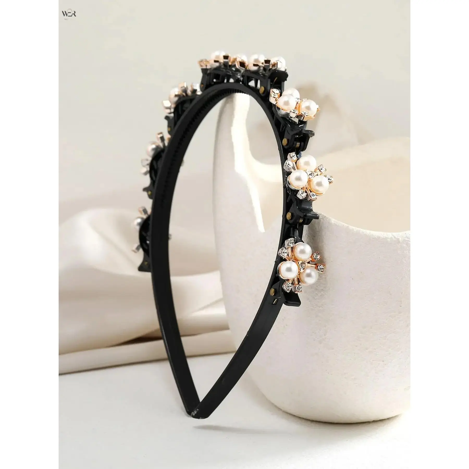 Black Automatic Braided Twist Hair Headband Imitation Pearl Crystal Floral Decor Anti Slip Woven Plait Hairband Women Elegant Daily Wedding Bridal Hair Accessory, Women's Fashion, Anti Slip Grip, Floral Motif, Matte Plastic