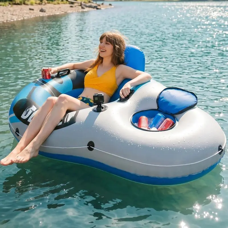 1 or 2 Person Inflatable River Tube Float with Built-in Cooler for Adults - Heavy Duty River Float, Pool Floats, Lake Floats, Water Tube River Raft Lounge with 2 Cup Holders