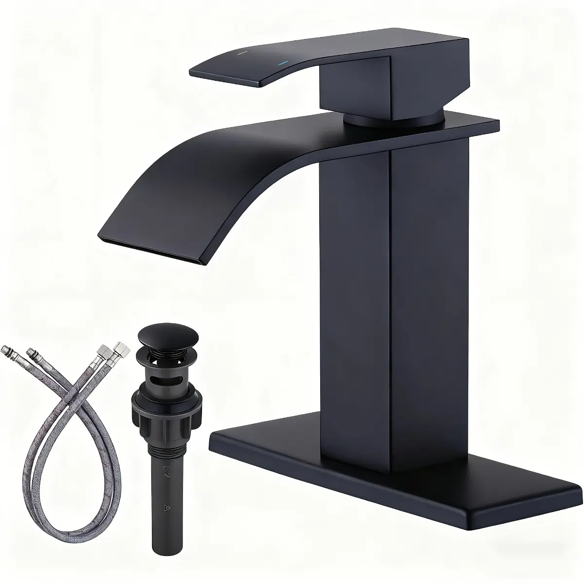 Premium Matte Black Waterfall Bathroom Faucet Set, Modern Single Handle Vanity Mixer Tap with Deck Plate & Pop-Up Drain, Easy 1 or 3 Hole Installation, Luxurious Home Spa Renovation Kit, Bathroom Sink Faucet Waterfall