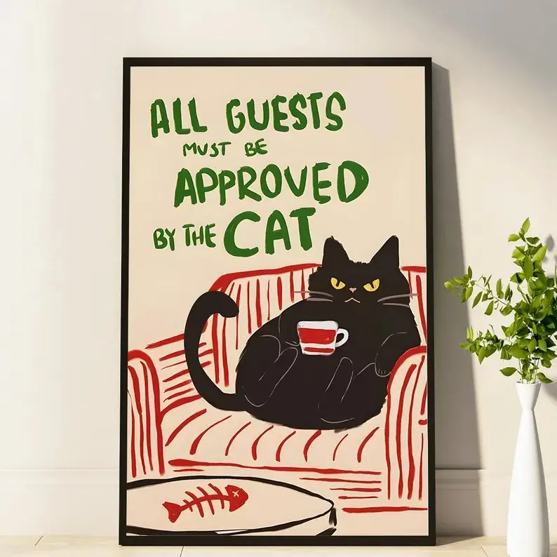 All Guests Must Be Approved by The Cat Framed Canvas Poster, Funny Black Cat Canvas Wall Art with Wooden Frame, 2D Flat Printed Wall Decor for Cat Lover Home