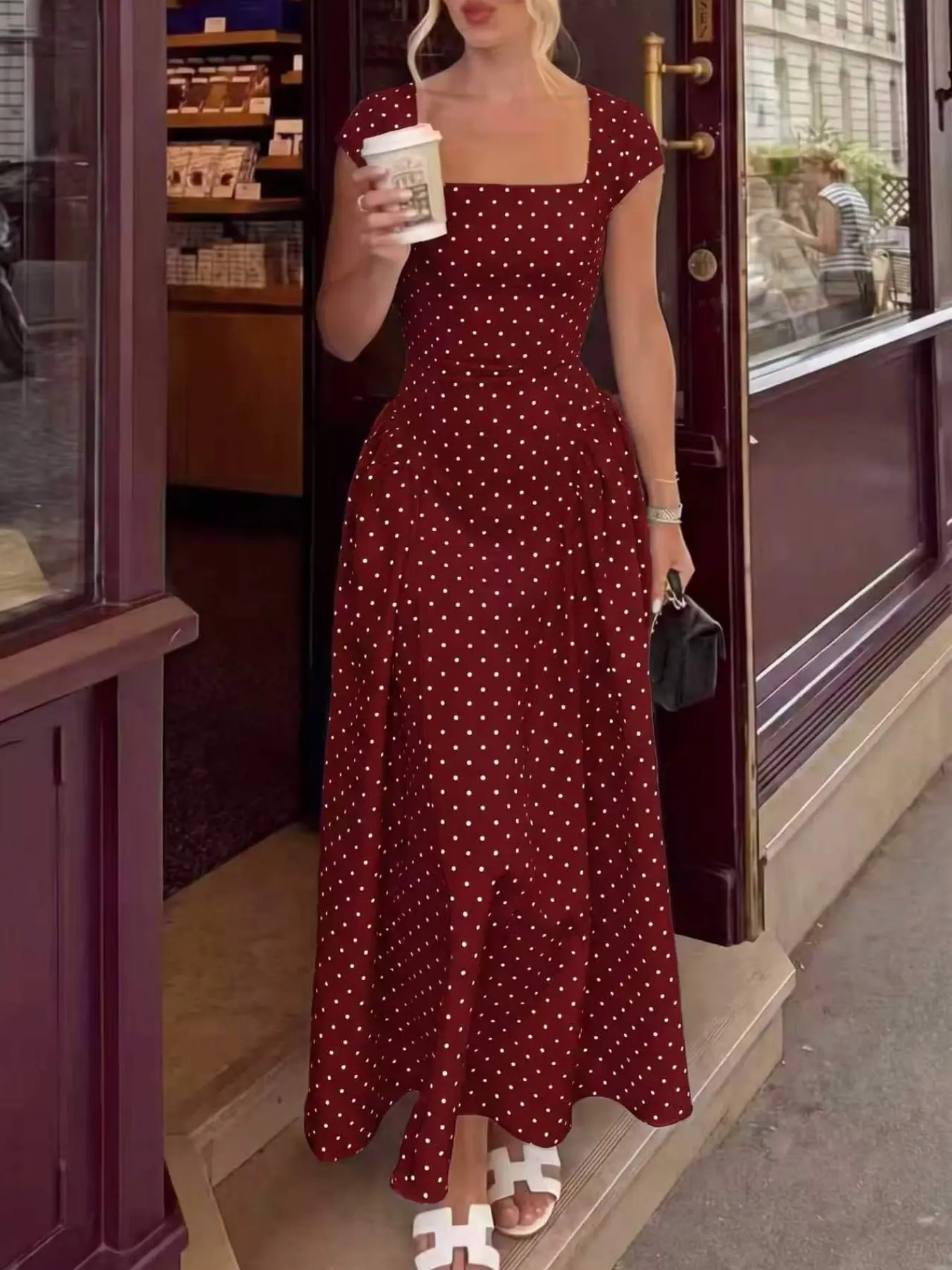 Women's Summer Polka Dot Slim Fit Short Sleeve Dress, Elegant Lady Style, Polished Look, Waist Ruched Design, Perfect for Daily Commute and Dates