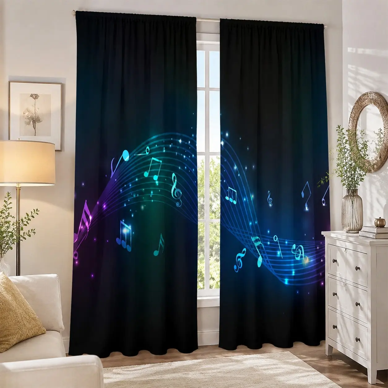 Music Curtain Blue Dance Note Pattern Semi-Sheer Printed Rod Pocket Curtains for Bedroom Living Room, 2 Panels, 2D Flat