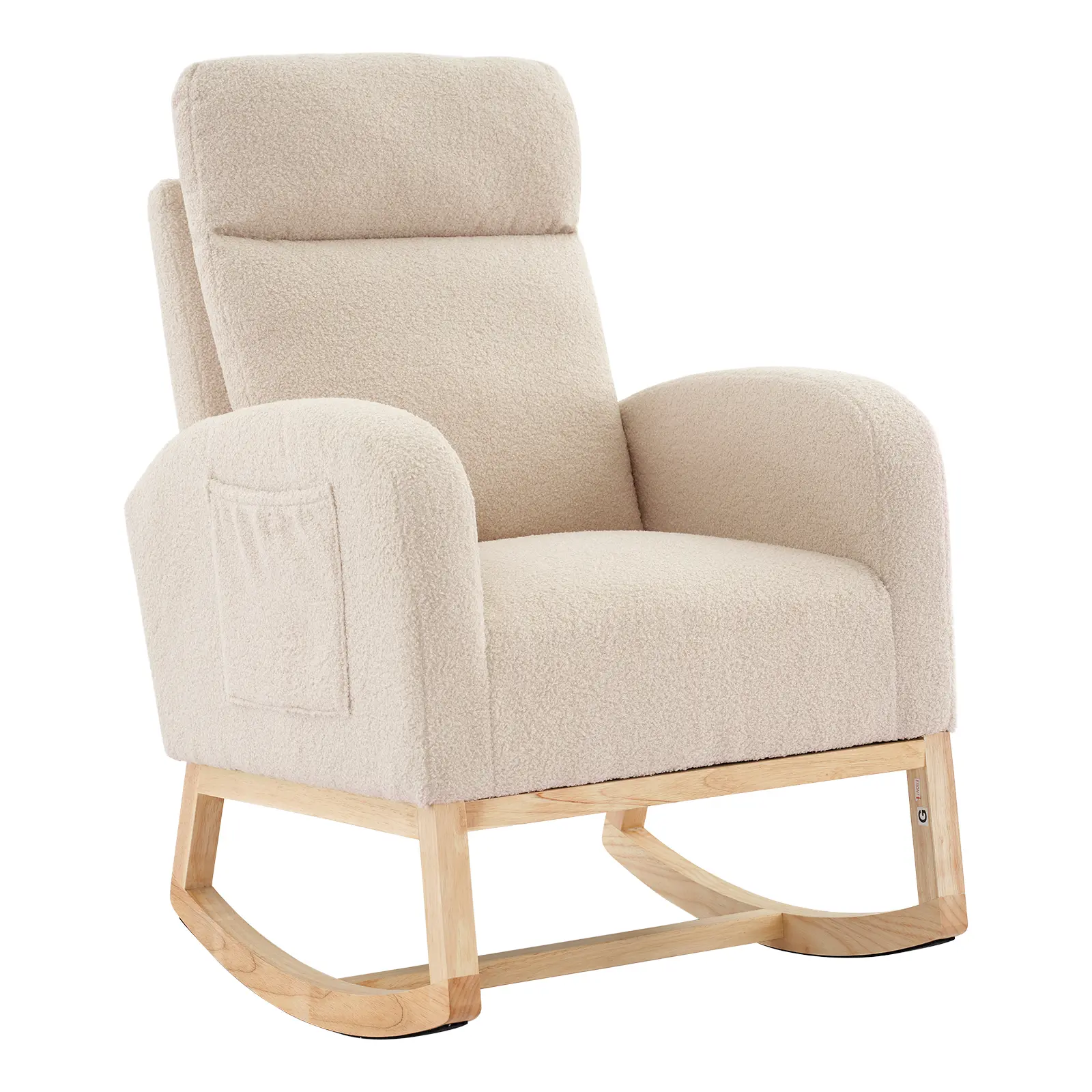 Modern Dining Rocking Chair – Soft Upholstered Glider with High Backrest, Armrests, Side Pockets, Wingback Design, Rubber Wood Legs – Perfect for Restaurant or Lounge Seating