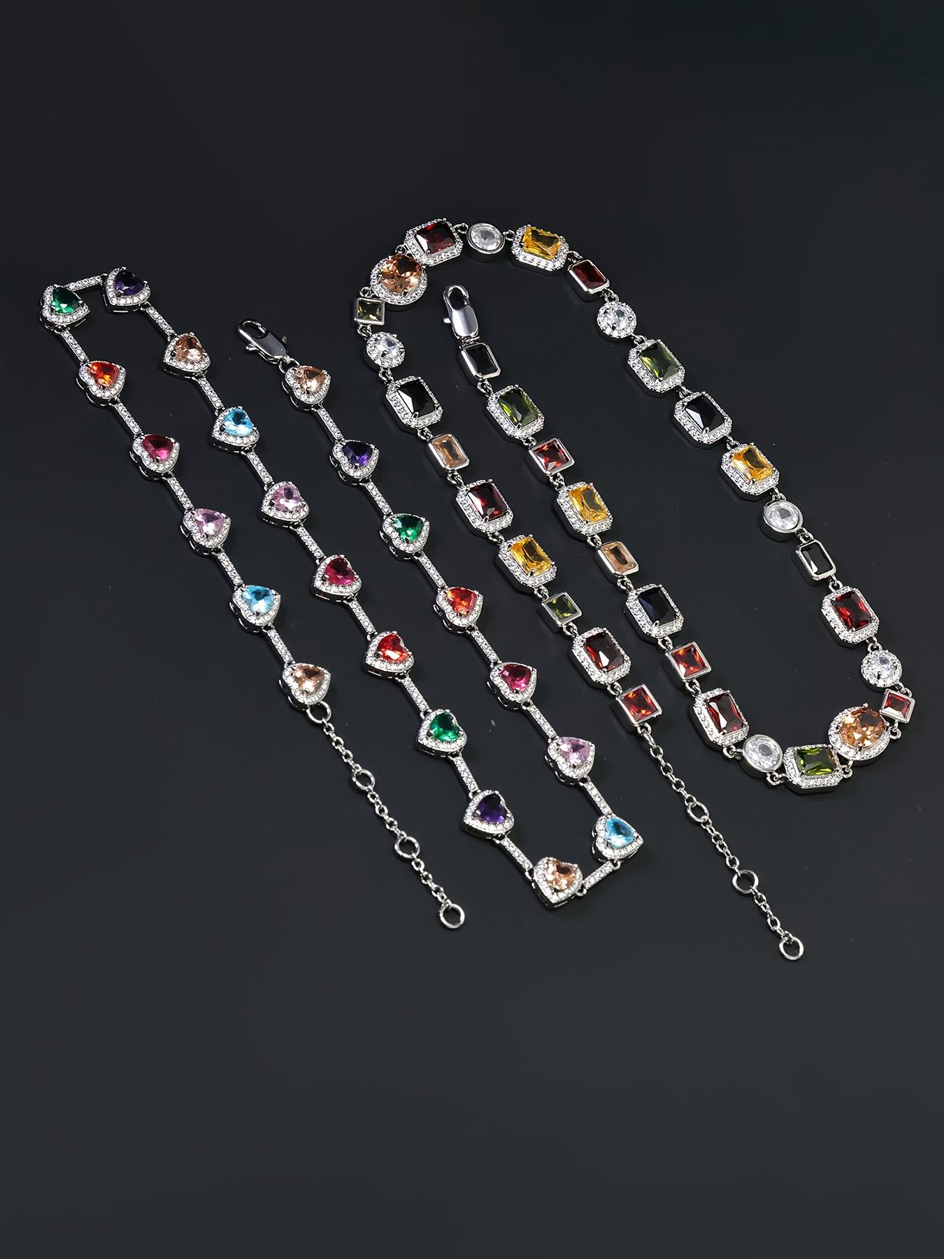 2PCS ICED CHICS Colorful Heart Necklace + Square necklace set, Iced Out Jewelry, hip-hop style, fashionable and avant-garde, set outfit, versatile style, shining multicolor synthetic zircon, the best choice as a gift