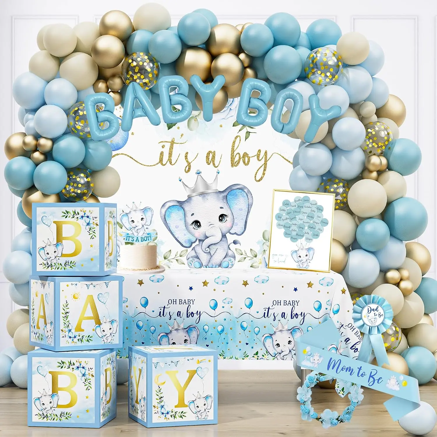 Elephant  Shower Decorations for Boy, Blue Elephant  Shower Party Supplies, It' Boy Backdrop Tablecloth Elephant Balloon Arch  Box Mom to Be Sash Dad to Be Pin