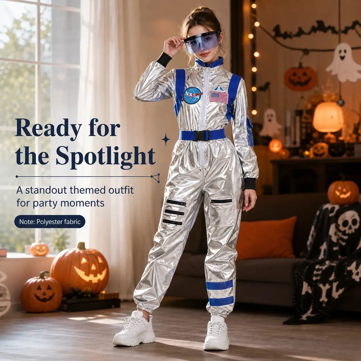 Unisex Silver Space Explorer Jumpsuit Metallic Astronaut Full Body Suit Long Sleeve Space Suit Adult Halloween Cosplay Costume Carnival Fancy Dress