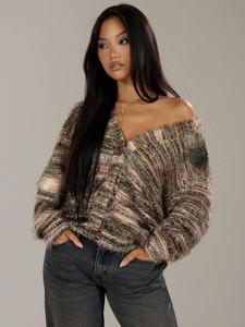 women's colorblock print button front drop shoulder sweater cardigan, casual long sleeve cardigan sweater for fall & winter, fashion ladies' knitwear for daily wear, cardigan for women