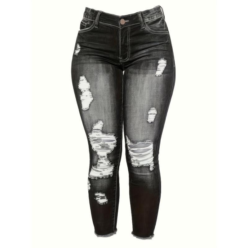 Stretchy Women's Skinny Jeans, Butt Lifting Distressed Denim Pants with Pockets and Ripped Hole Trousers Womenswear Bottom Vintage Polyester Fabric Slim