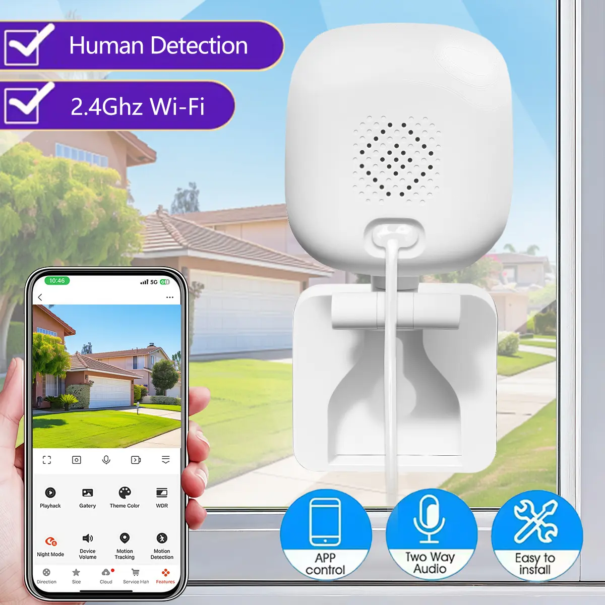 Window Camera, Wireless Security Camera Indoor, Surveillance Camera, 2.4GHz WiFi Indoor Security Camera with Motion Detection & Instant Alerts, Two-Way Audio, Local & Cloud Storage, Easy Install, App Remote Control for Home Apartment Security