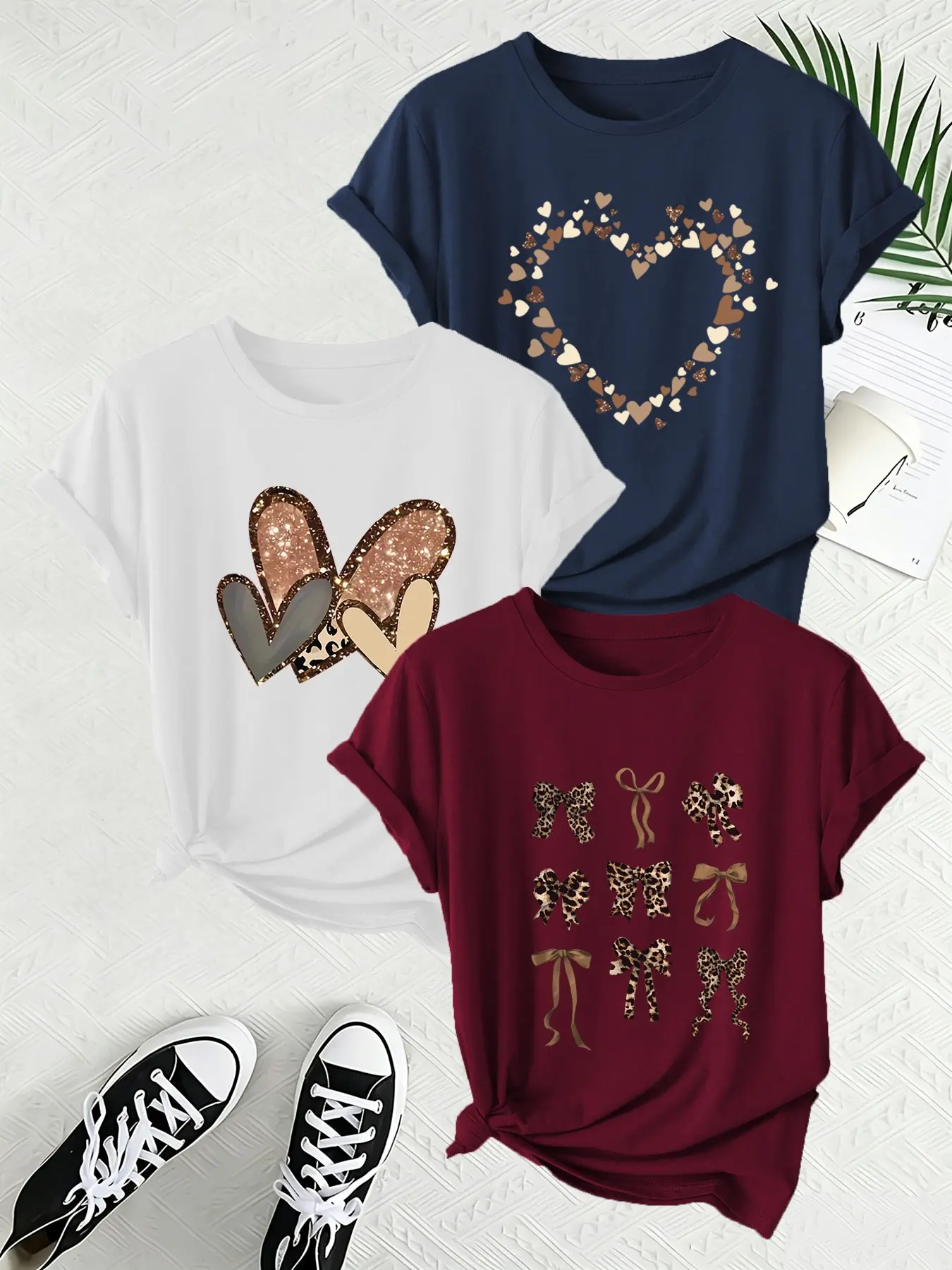 3-Pack Vintage Leopard Heart Bow Print Short Sleeve T-Shirts, Women's Casual Everyday Round Neck Tops, Soft Stretchable, Spring Summer Wear