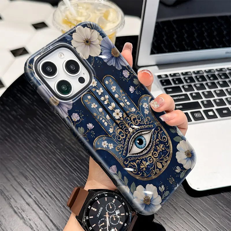 2-in-1 Shockproof Drop Protection Phone Case for iPhone Series (17,16,15,14,13,12,11 Pro Max Plus Air E) - Hamsa Eye Pattern, Glossy Finish, Anti-Scratch Silicone TPU