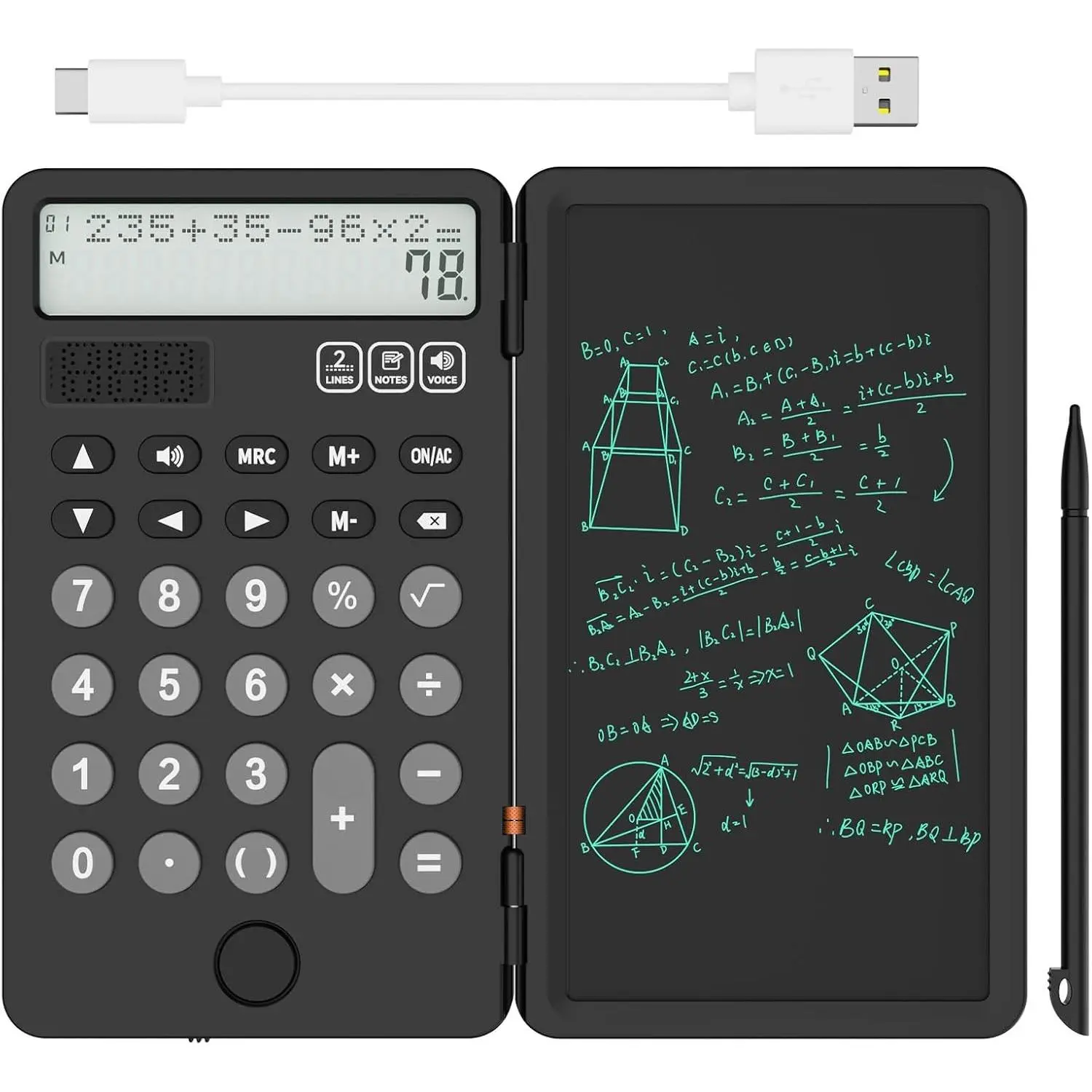 Calculator with Writing Tablet, LCD Writing Pad and Stylus Pen, Solar & Battery Powered Calculator for Office School Students, Black Pro