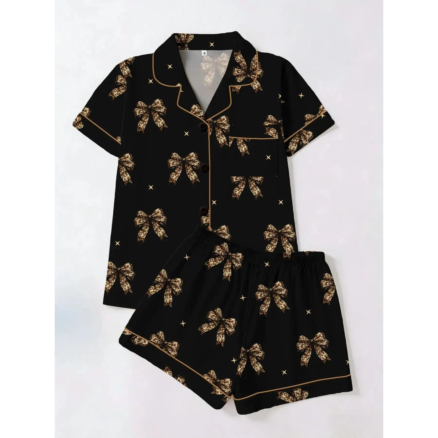 Elegant Chic Style Gold Leopard Bow Printed Short Sleeve Shorts Set, Casual All Season Women's Sleepwear, Soft Cozy Loungewear Matching Sets, Luxury Leopard Print Nightwear Gifts For Women
