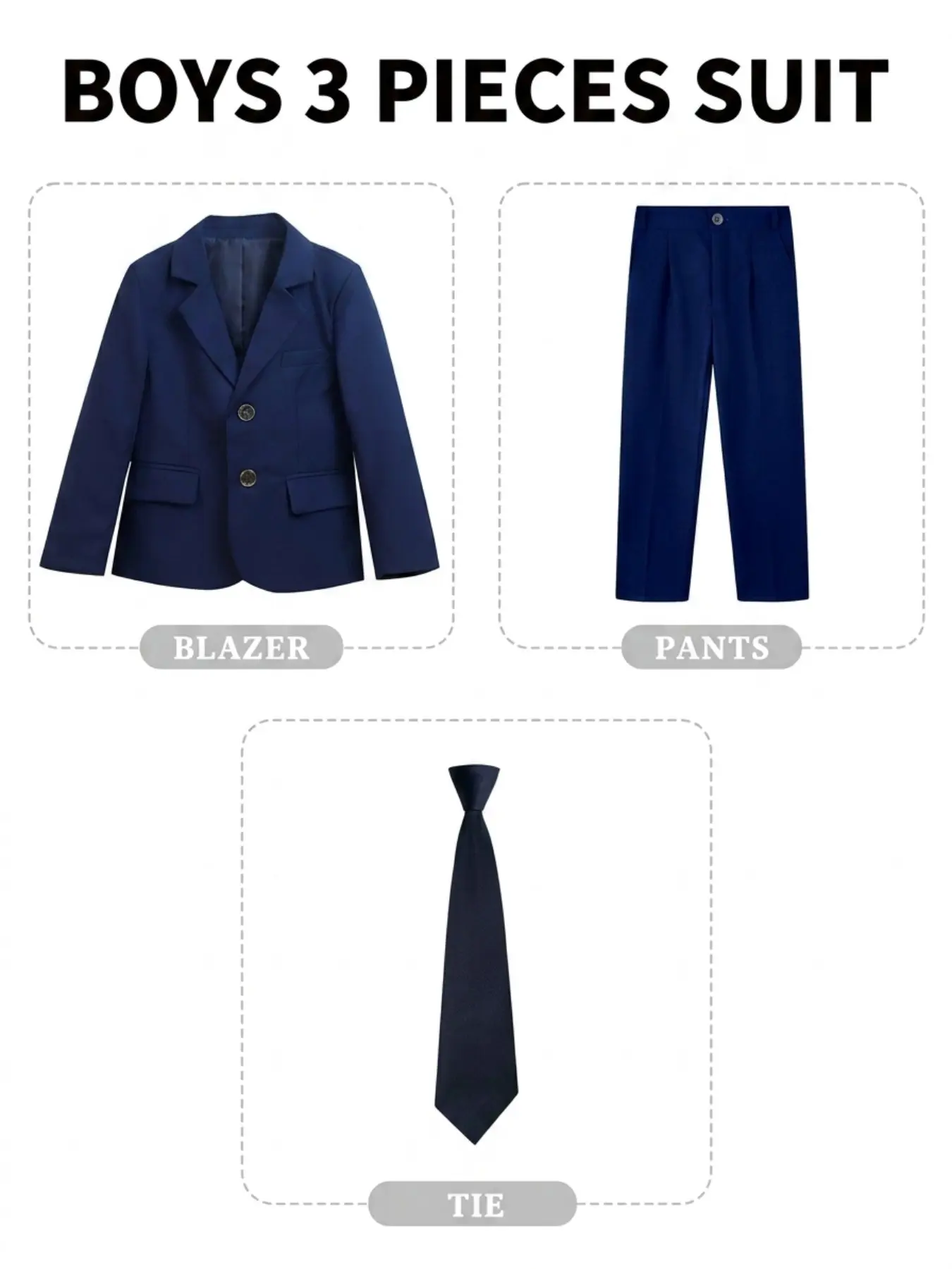 All-Match Kids 3-Piece Formal Suit Solid Black And Navy Blazer Pants Tie Set 3D Tailoring For Sharp Look Ideal For Exam Catwalk And Dinner Party Unlock Handsome Looks For All Boys’ Formal Occasions No Shirt Included