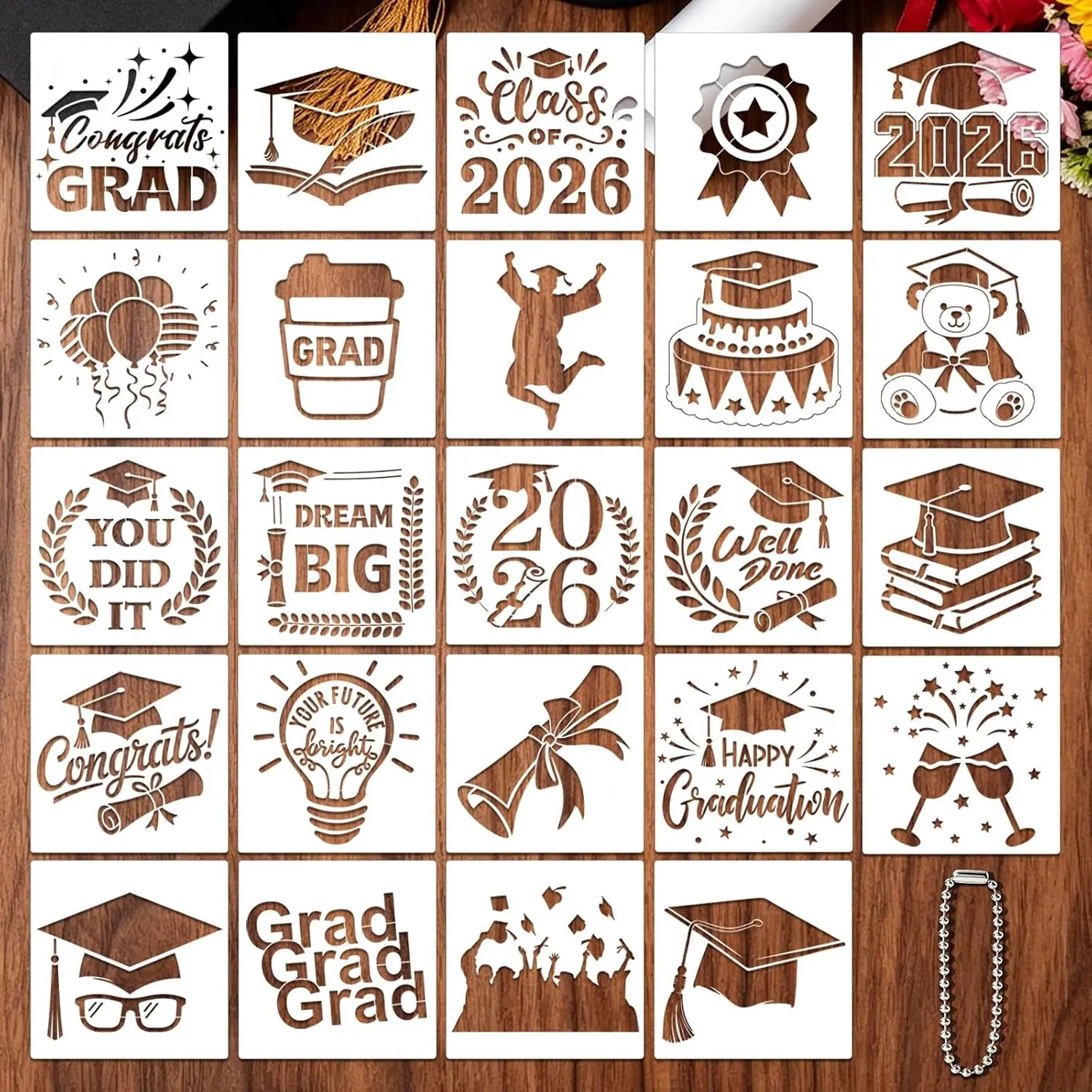24 count Graduation Stencils for Painting  ,  Class of 2026 Templates Stencils for Crafts Plastic   Stencil for Drawing Fabric Wall Crafts