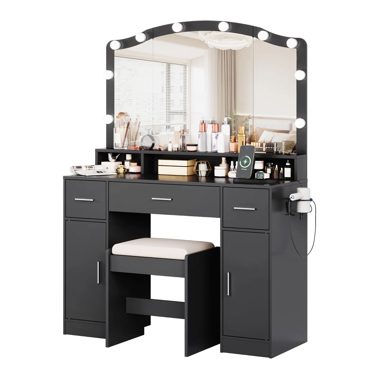 Modern White Wooden Vanity Desk Set with LED Mirror, 3 Drawers, 2 Cabinets, Storage Compartments, Power Outlet, Cushioned Stool