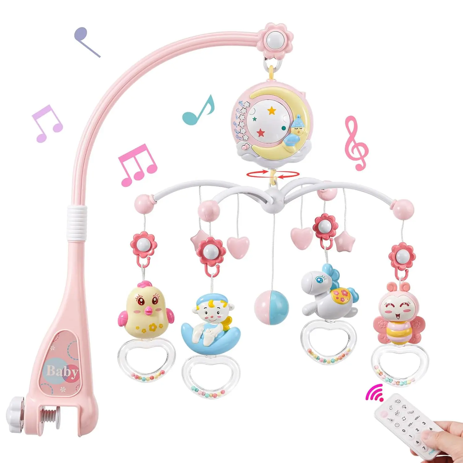 Baby Musical Crib Mobile  Bassinet with Projector and Night Light,150 Music,Timing Function,Take Along Mobile Musical Box and Rattle,Toy  Newborn Girls Boys