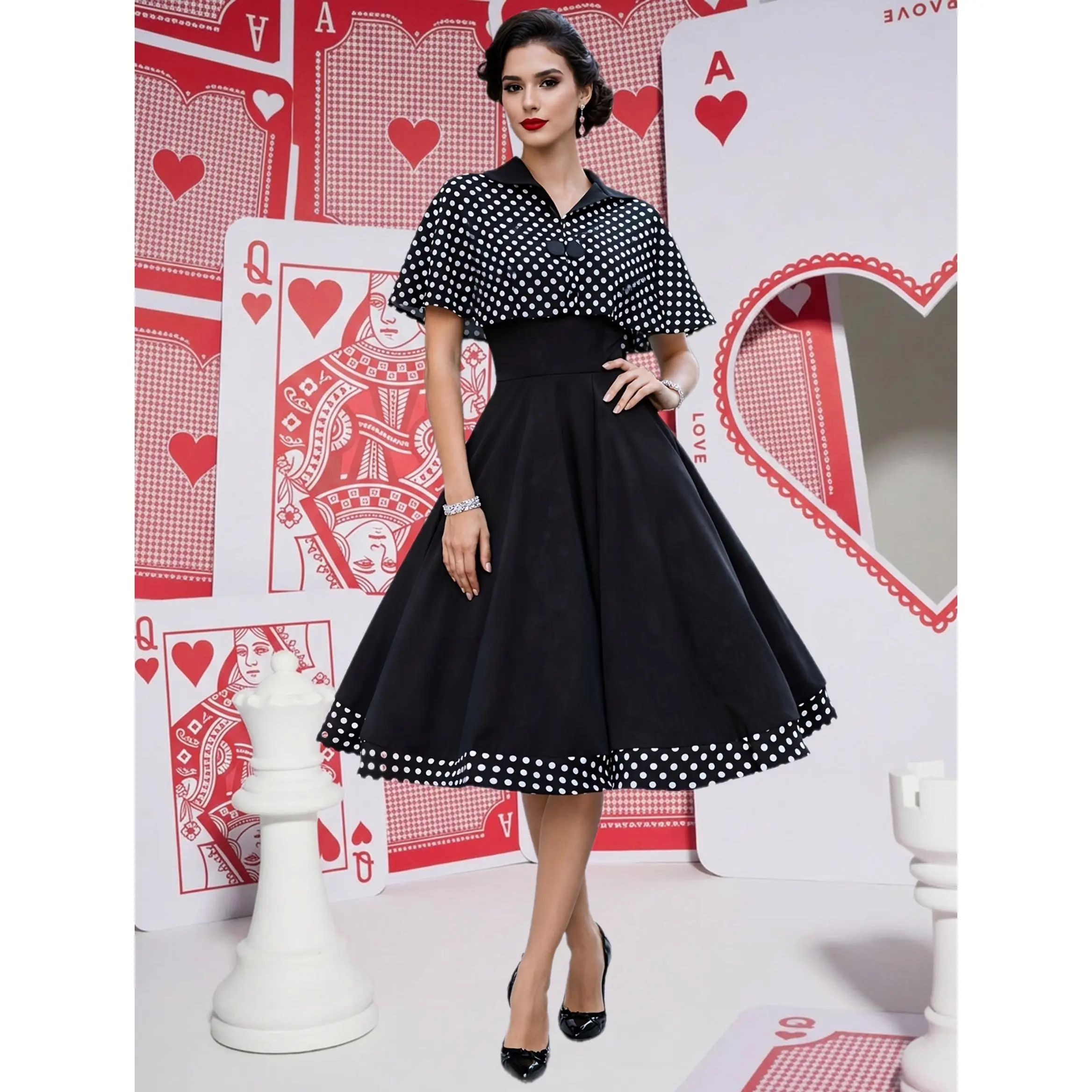 Women's 2-Piece French-Style Vintage Polka Dot Houndstooth Dress Set - Polyester Crew Neck Short-Sleeve High-Waist A-Line Flared Skirt with Camisole Underskirt, Casual Chic Fabric Dress for Daily Commuting, Dates