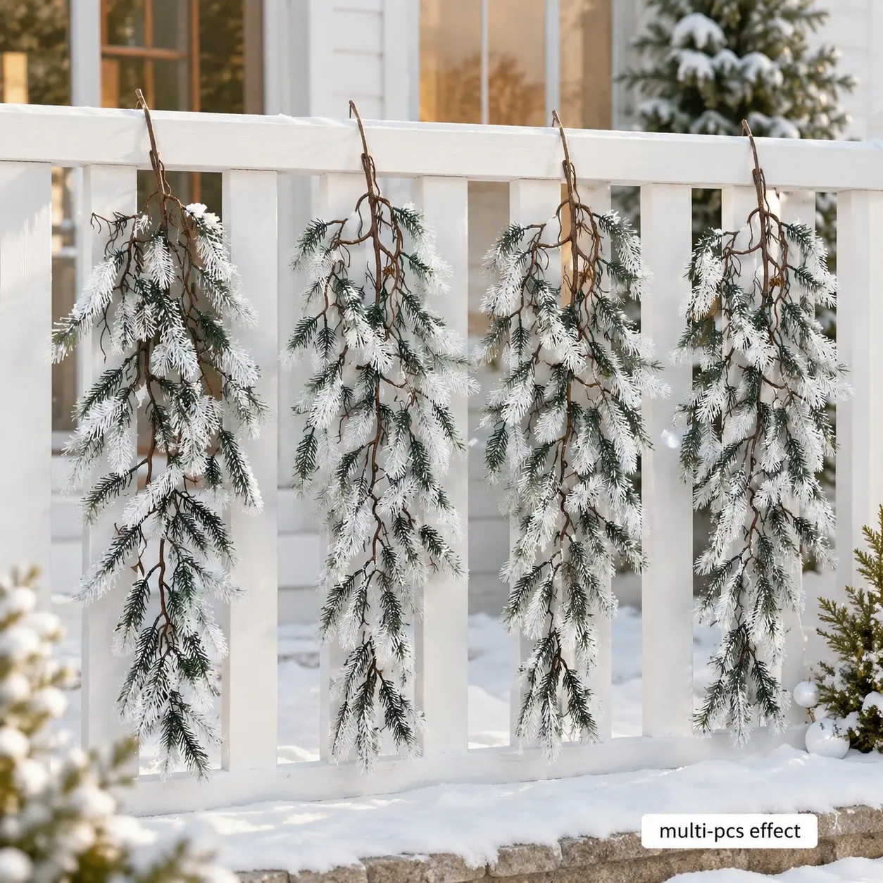 One-piece set of white-tailed artificial pine needle wall hangings, suitable for indoor/vine decoration, railing wrapping decoration and hanging, wedding green background, Christmas and Halloween decorations for windows and entryways.