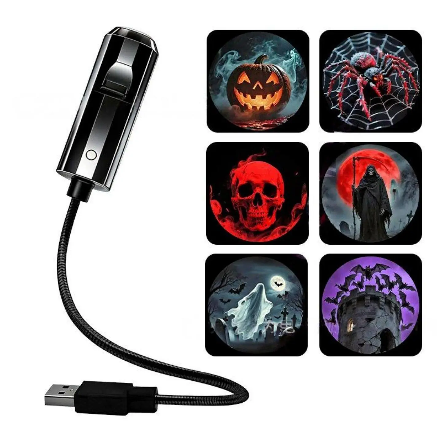 Halloween Ghost Projector Lamp Decoration - Small Size, 6 Spooky Designs, USB-Powered, 360° Gooseneck Neck, Plastic Body, Haunted House Window & Exterior Wall Decor