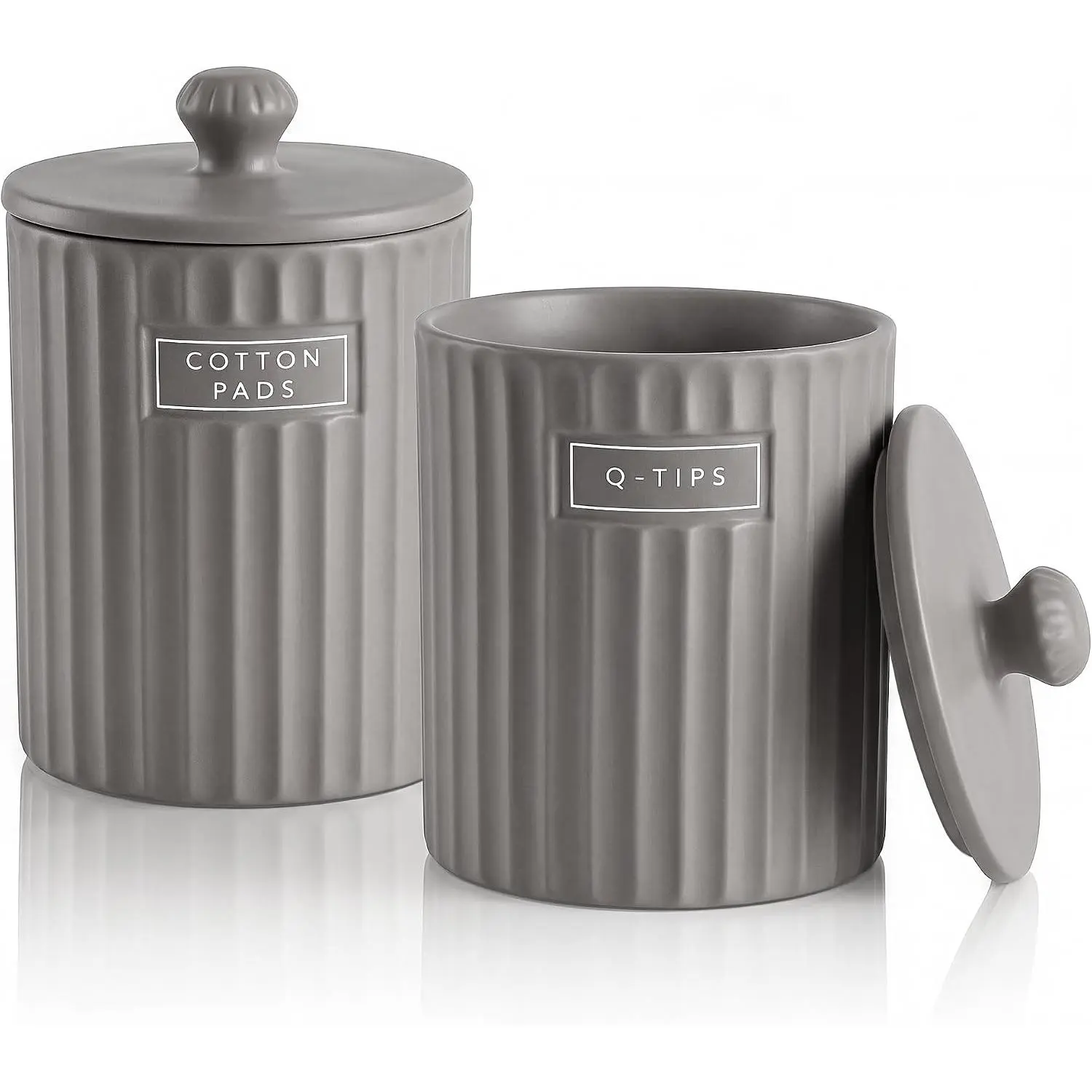 Ronasip Minimalist Gray Ceramic Bathroom Organizer Set - 2 Units Vanity Use Storage Jars with Lids, Qtip Holder, Cotton Pad Dispenser, Apothecary Canisters for Countertop Home Decor