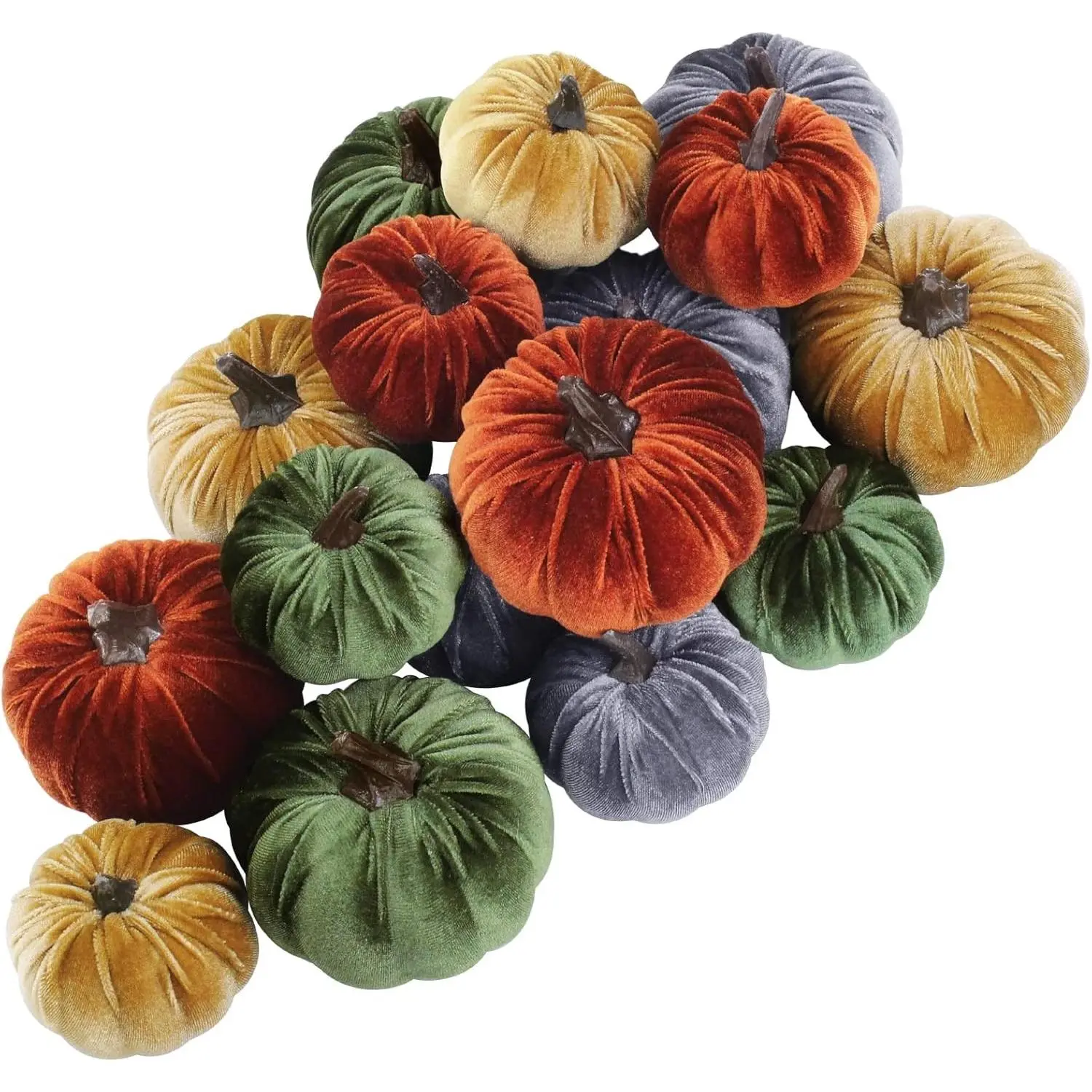 16 Pcs Assorted Small Faux Rustic Harvest Velvet Pumpkins, Rust Orange Gold Olive Gray Fabric Foam Pumpkins for Farmhouse Fall Thanksgiving Halloween Table Centerpiece Decor