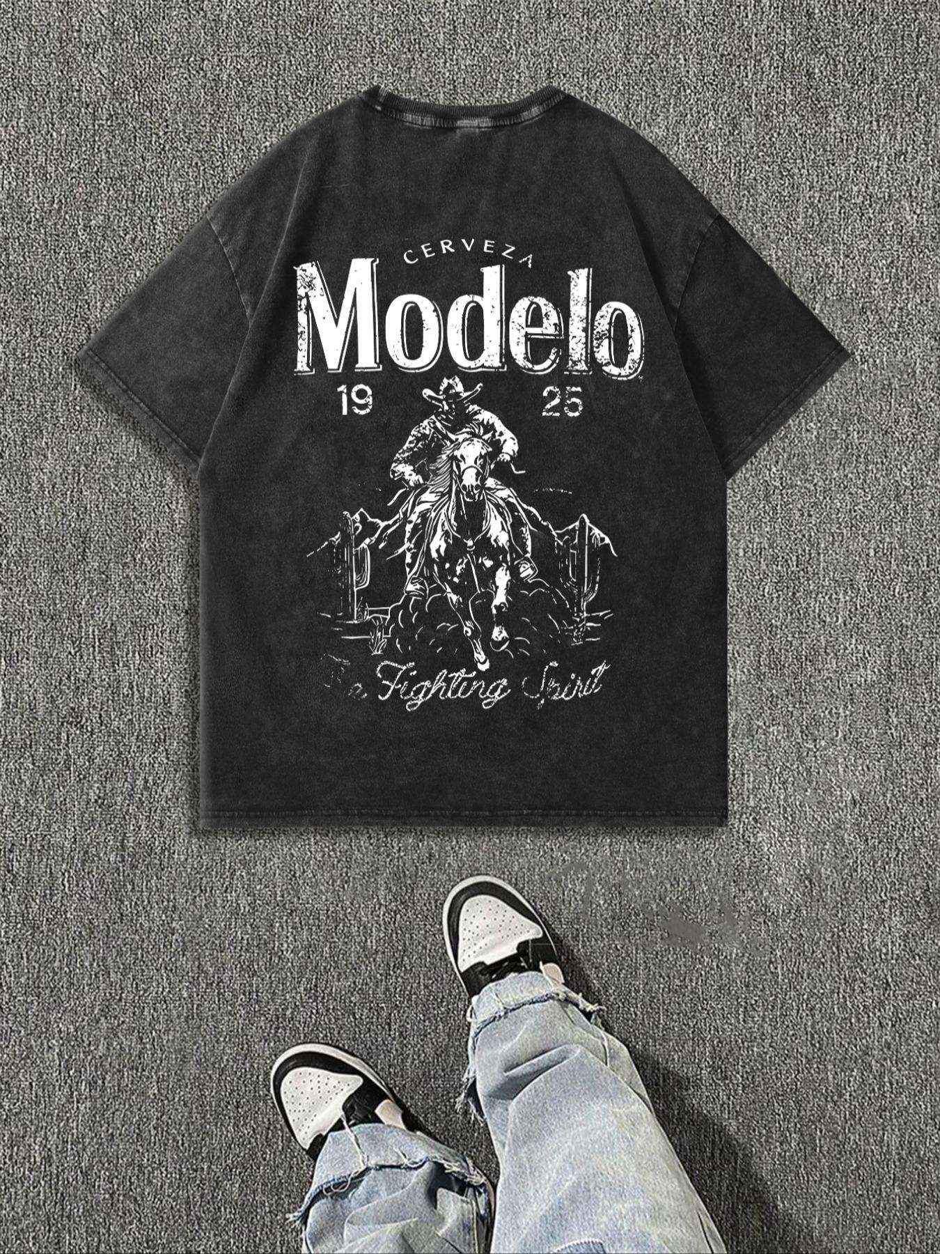 Men's Vintage Letter & Cowboy Print Casual Graphic Design Short Sleeve Tee, Casual Loose Retro T-shirt for Daily Wear, Menswear for All Seasons, Men's Graphic Tees