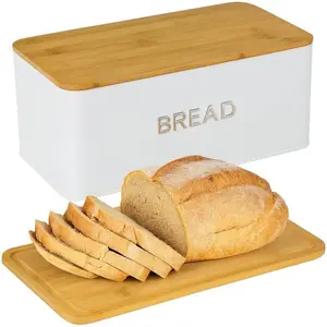 Culinary Couture White Bread Box for Kitchen Countertop with Bamboo Lid - Large BreadBox for Homemade Bread - Storage BreadBox with Cutting Board Lid