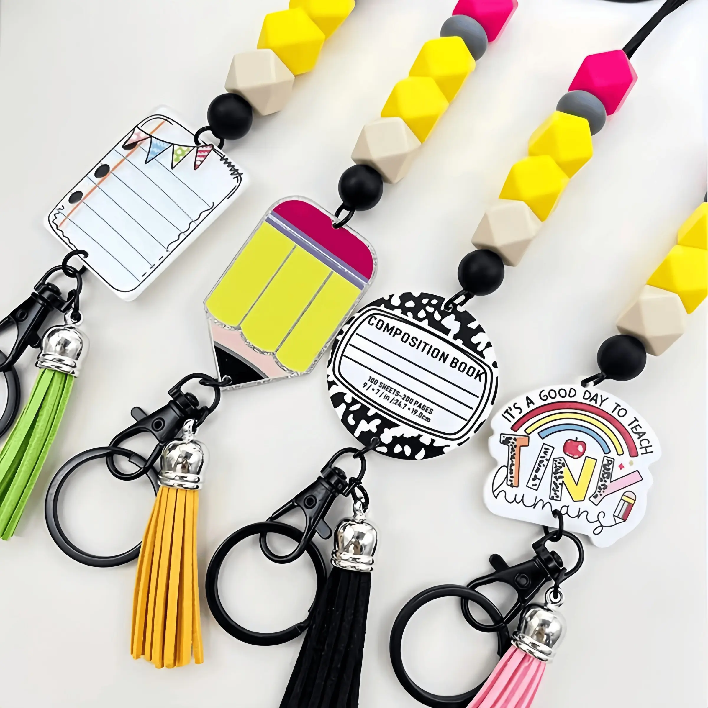 Teacher Beaded ID Lanyard Keychain, Pencil Charm Fringe Necklace Pendant, Back-To-School Gift for Teachers and Students