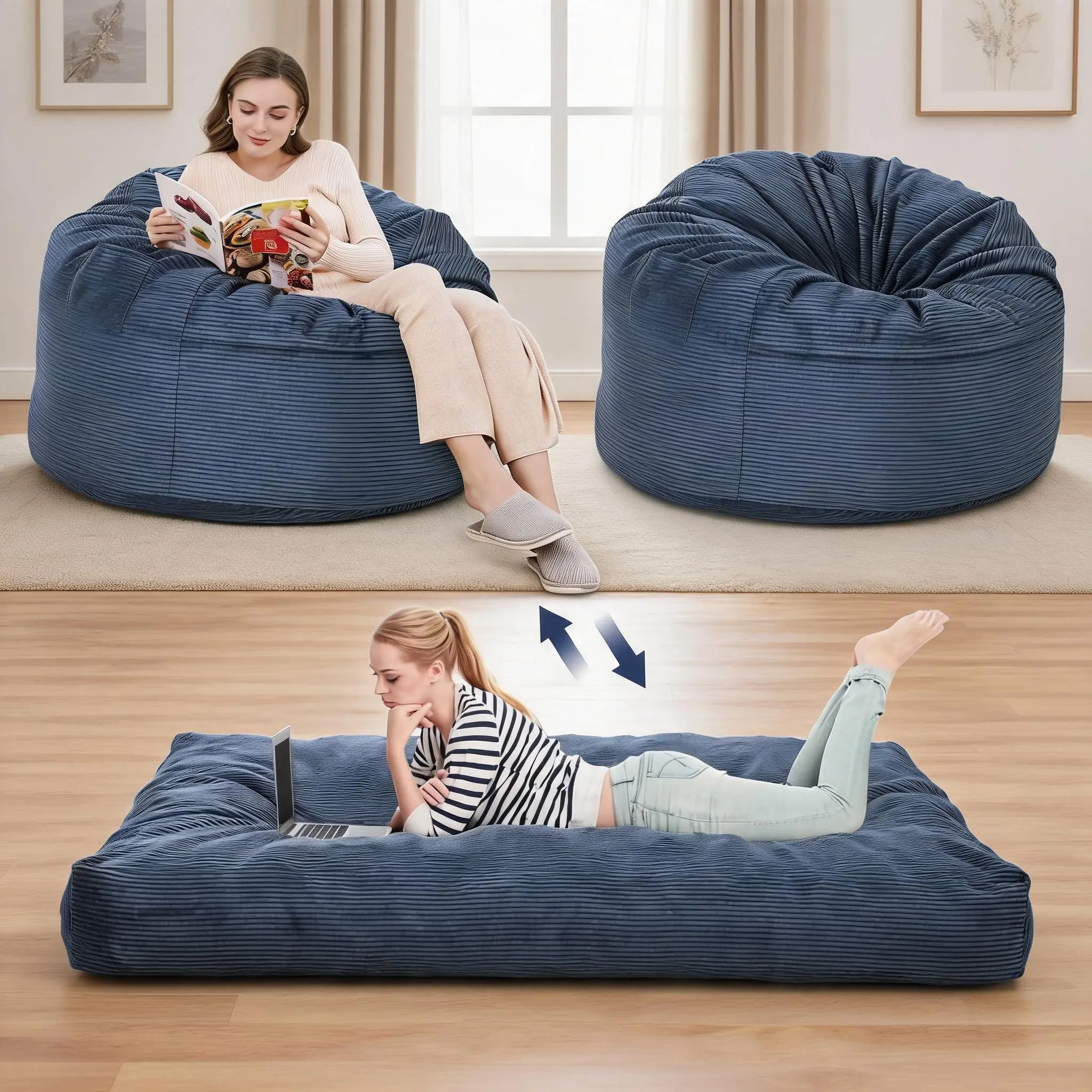 2-in-1 Convertible Bean Bag Chair Bed, Queen Size Memory Foam Lounger with Washable Corduroy Cover, No Assembly Floor Sofa for Home & Office