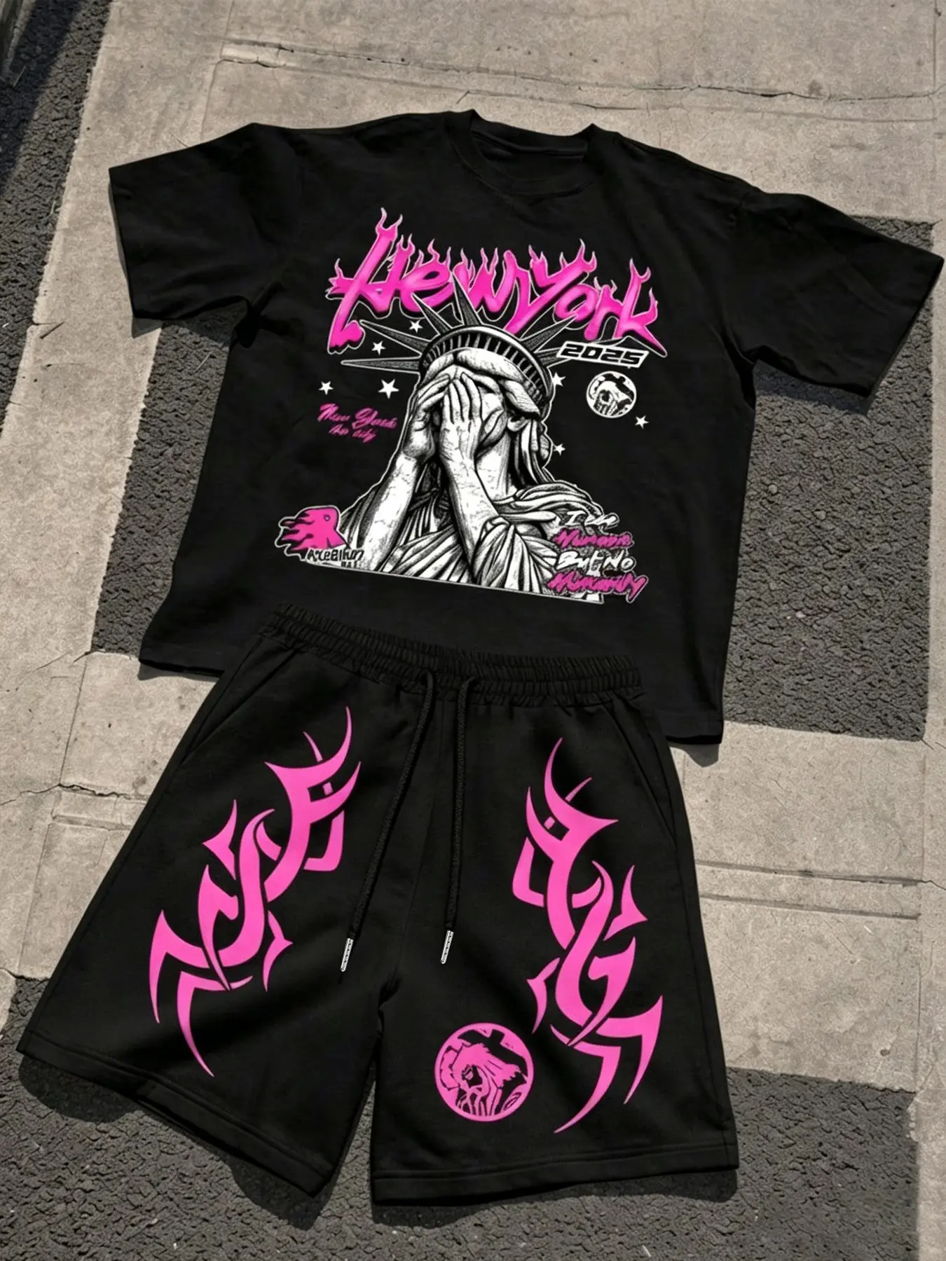 Summer Casual Hip Hop Two Piece Set Oversized Statue Of Liberty Graphic Tee & Tribal Print Shorts