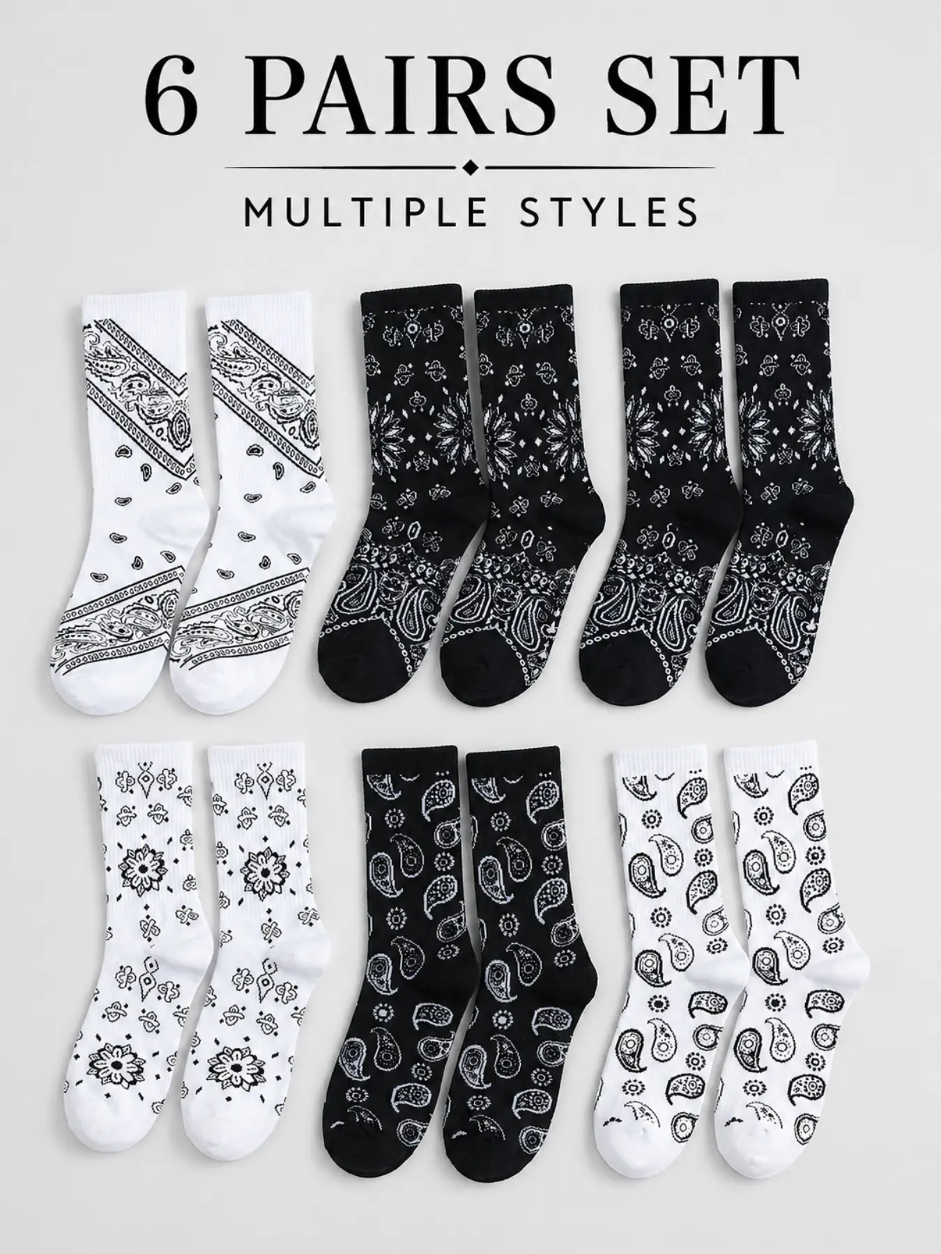 Women’s 6 Pairs Retro Crew Socks Set | Black & White Graphic Pattern Socks | Everyday Fashion Socks