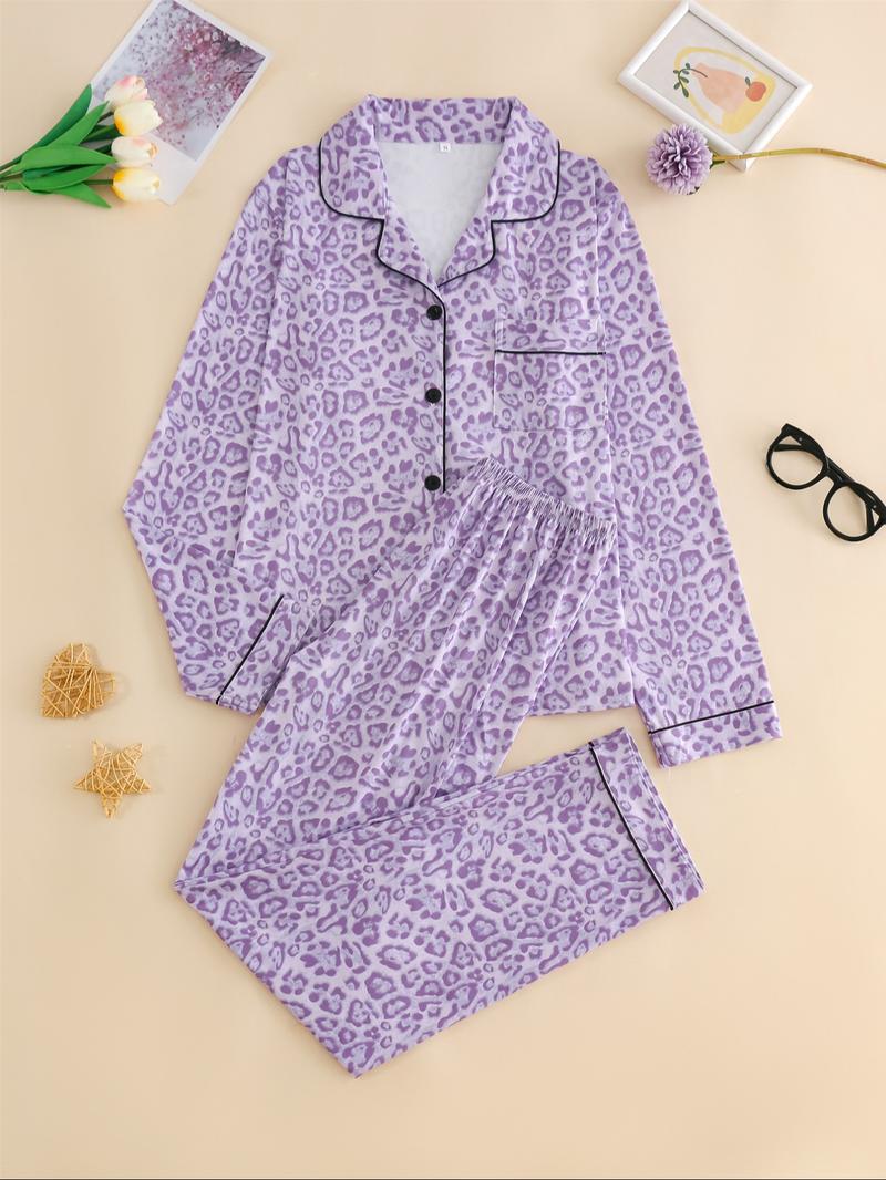 Women's Leopard Print Button Front Pocket Lapel Shirt & Elastic Waist Pants Pyjama Two-piece Set, Casual Comfy Pocket Long Sleeve Top & Trousers Pj Set, Women's Sleepwear for Spring & Fall, Loungewear Set Women, Leopard Print Pajamas