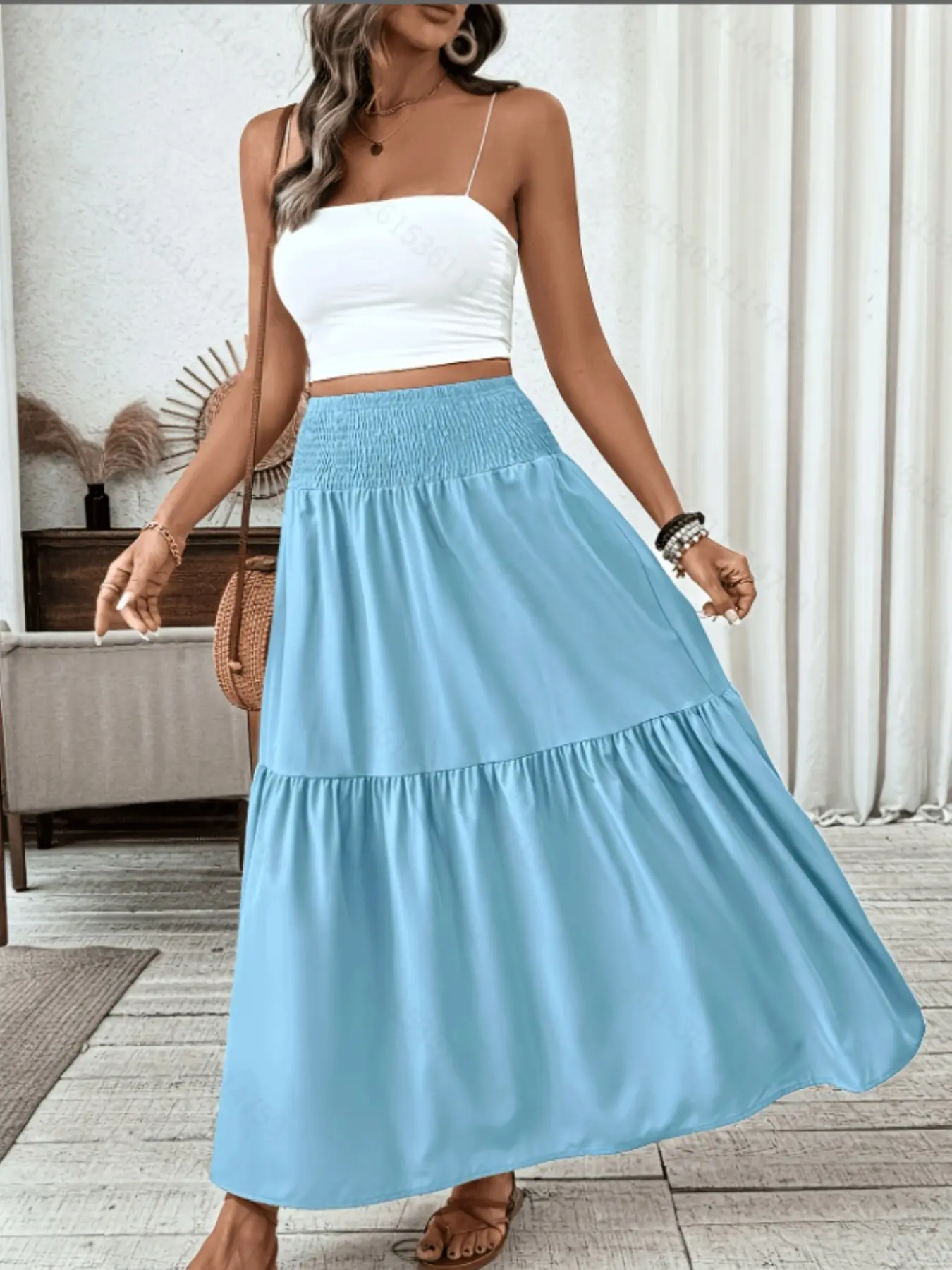 High Waist Midi Skirt, Elastic Waist Ruched Design, Layered Flounce Detail, Medium-Length A-Line Dress, Elegant Party Wear