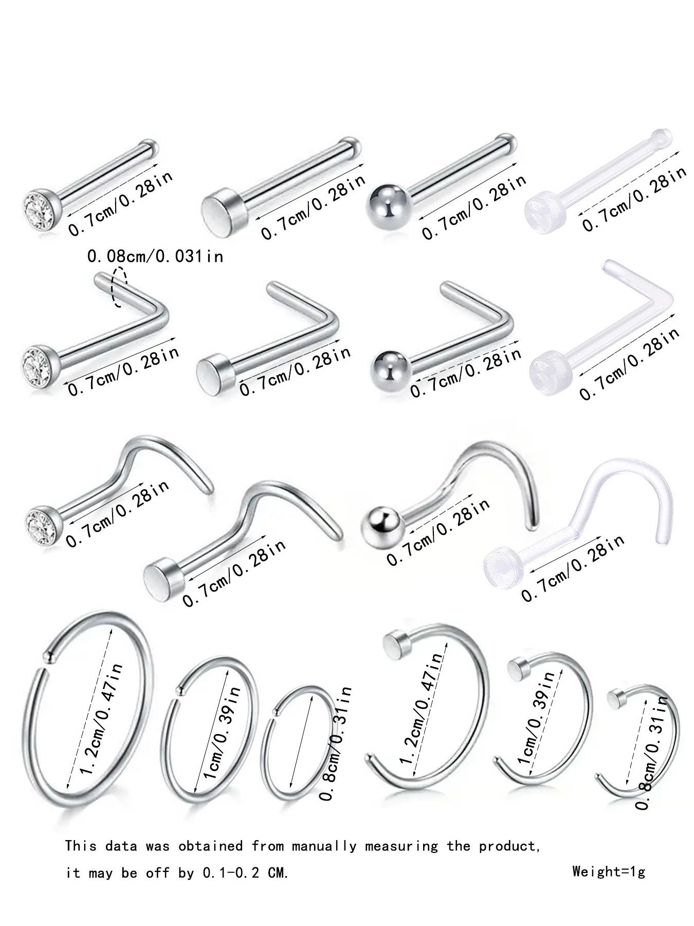 18pcs Stainless Steel Nose Ring, Nose Rings for Women & Men, Nose Cuff Rings, Transparent Nose Rings for Daily Wear, Trendy All-match & Exquisite Jewelry, Nose Piercing Jewelry for Birthday Gift