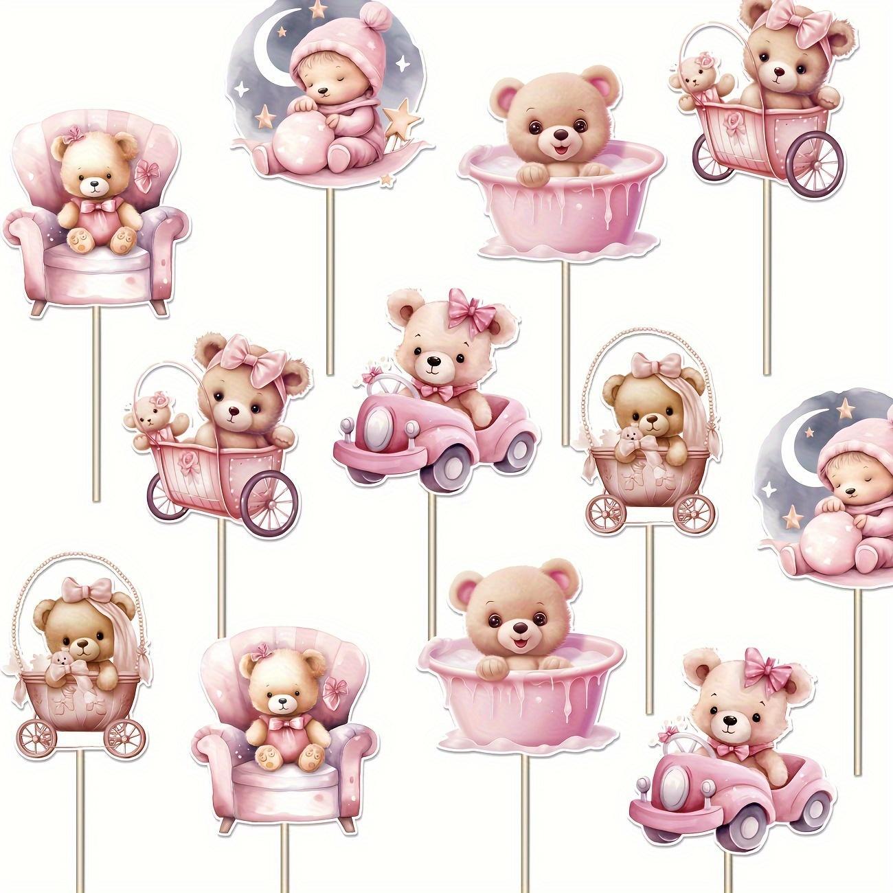 Bear & Carriage Design Cupcake Topper, 12pcs/set Cute Cartoon Bear Cupcake Picks, Gender Reveal Baby Shower Cake Decoration