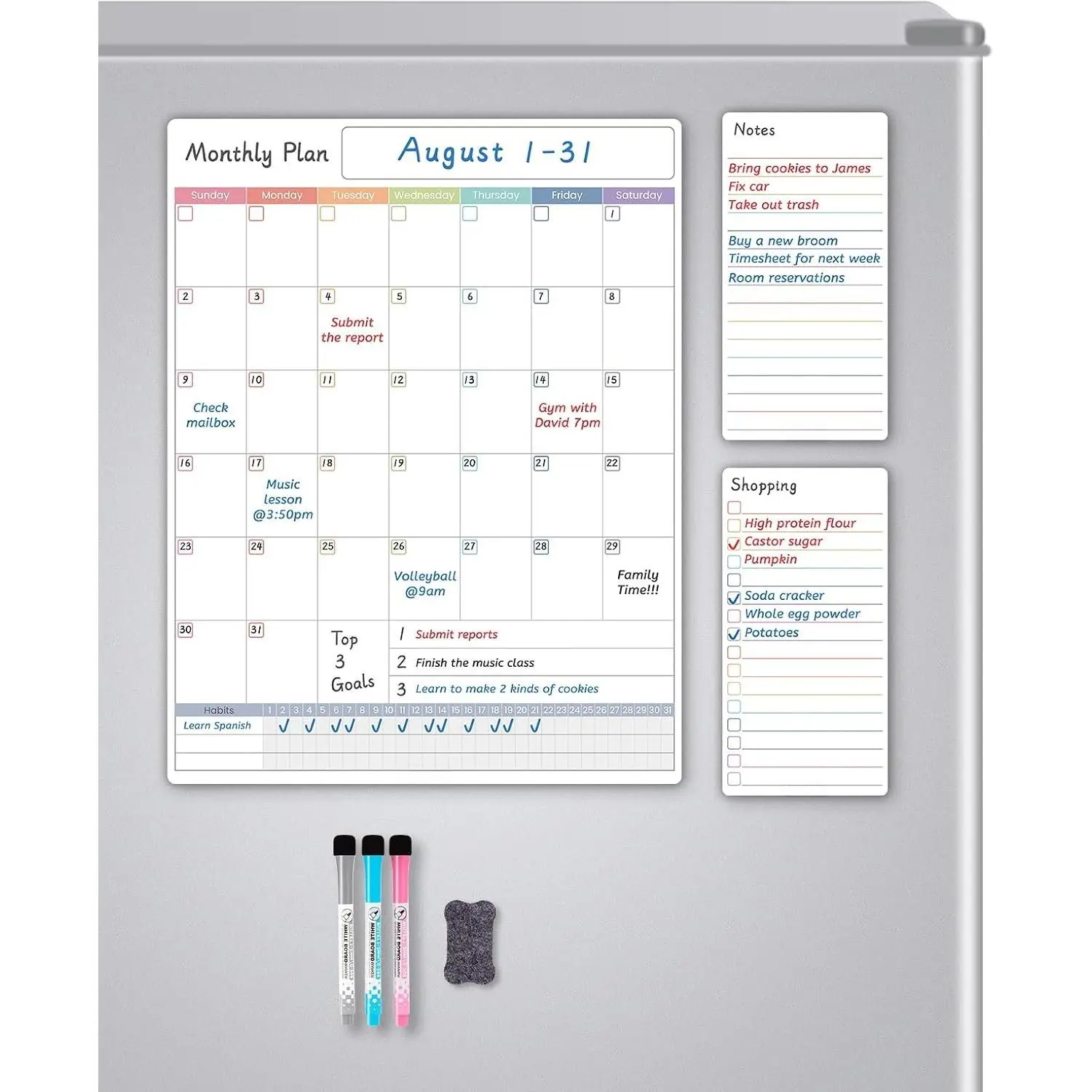 Dry Erase Calendar for Fridge , Monthly Fridge Whiteboard Set - Vertical  Calendar for Refrigerator, Shopping List &  White Board, 3 Markers + Eraser