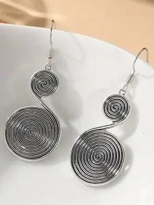 Antique Silver Double Spiral Swirl Dangle Hook Earrings Boho Ethnic Geometric Long Drop Earrings For Women Tribal Statement Jewelry Gift ﻿