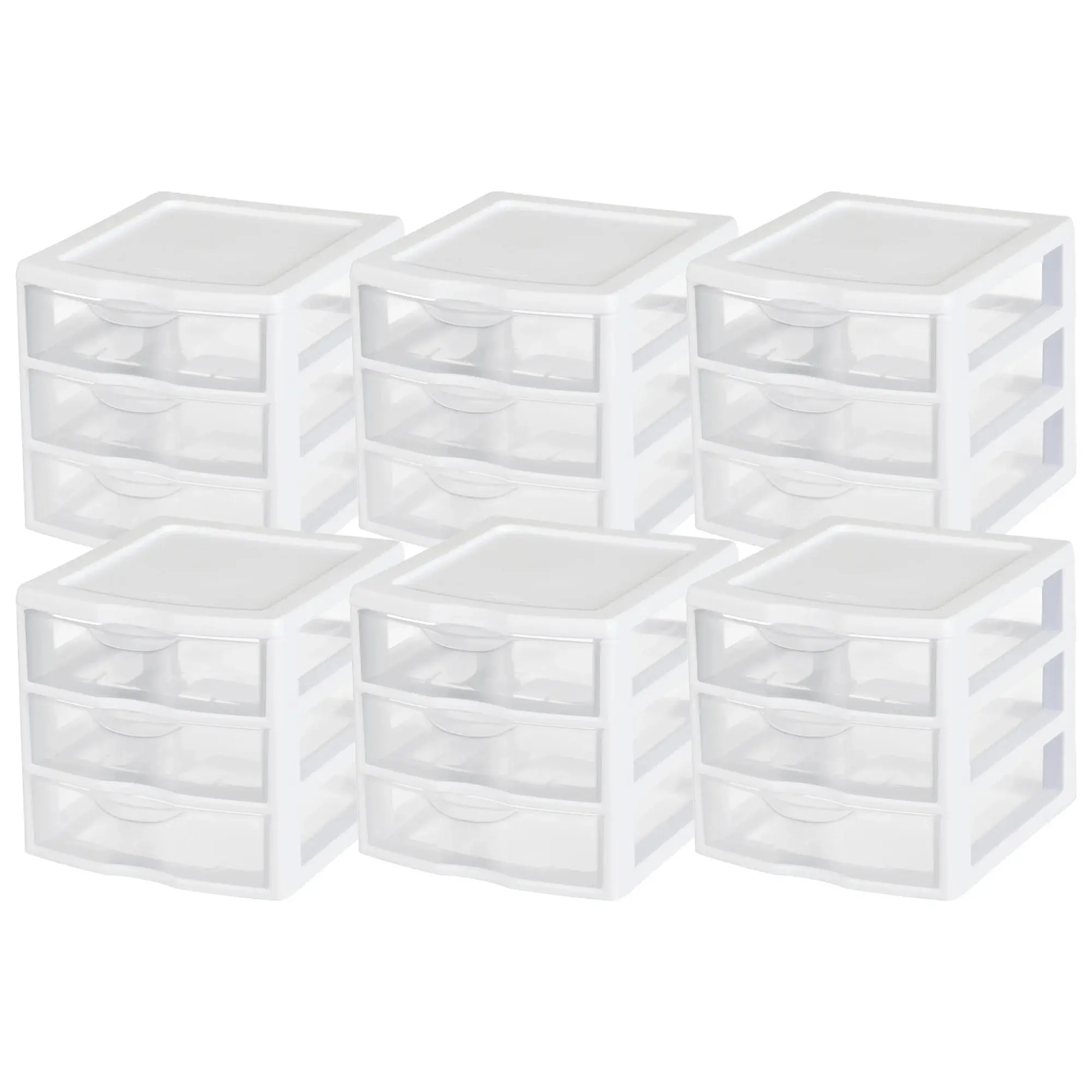 White Small 3 Drawer Desktop Storage Organizer, 6 Pack Clear View Plastic Drawer Unit, Compact Desktop Organizer for Office, Bedroom, Craft Supplies & Small Item Storage