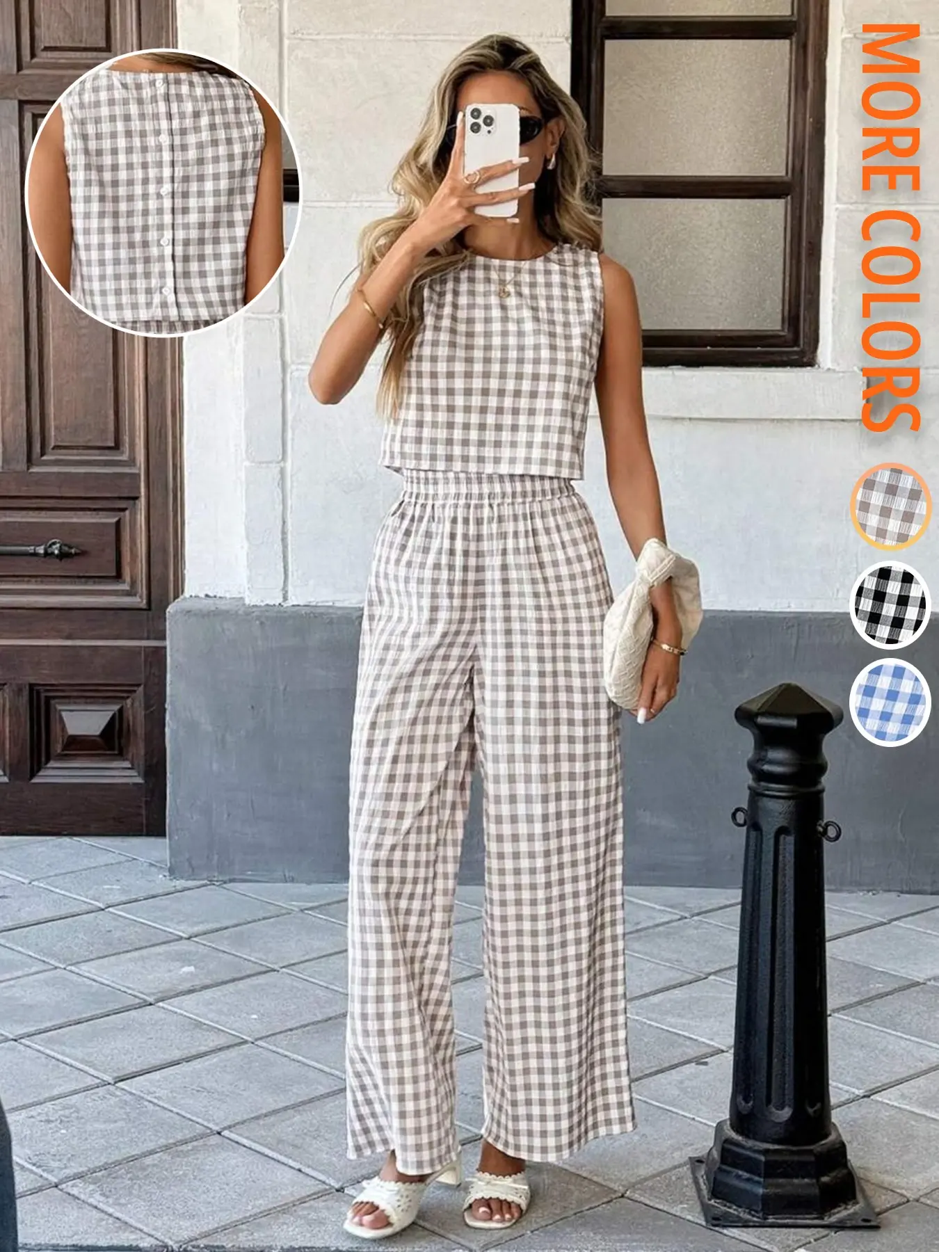 【Back to School Outfits】Elegant Summer Vacation Tank Top Set, Round Neck Plaid Back Button Front, Women's Long Pants Two-Piece, Casual Style