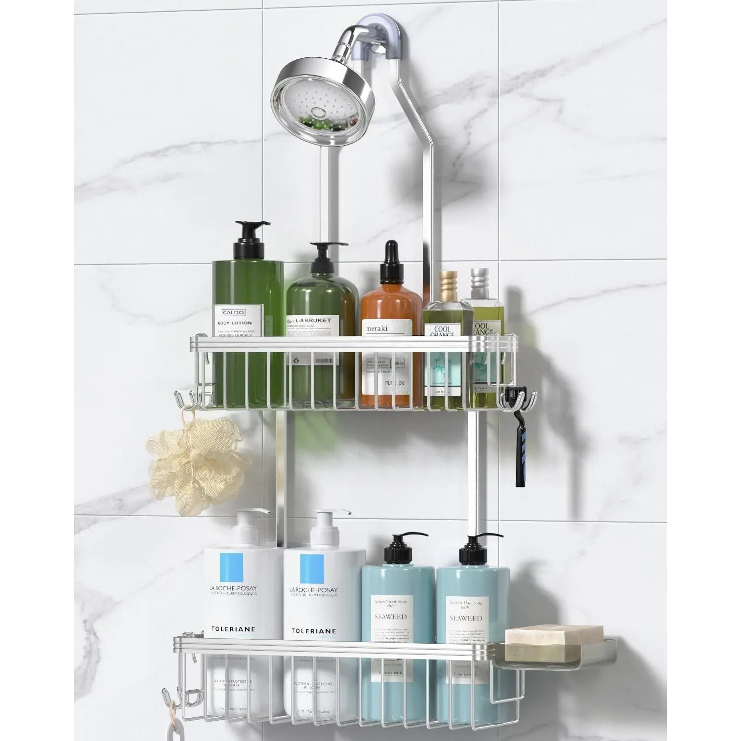 Never Rust Shower Caddy Hanging, Aluminum Shower Racks for Inside Shower, 2-Tier Shower Organizer Hanging Over Shower Head with Hooks and Soap Holder, Silver