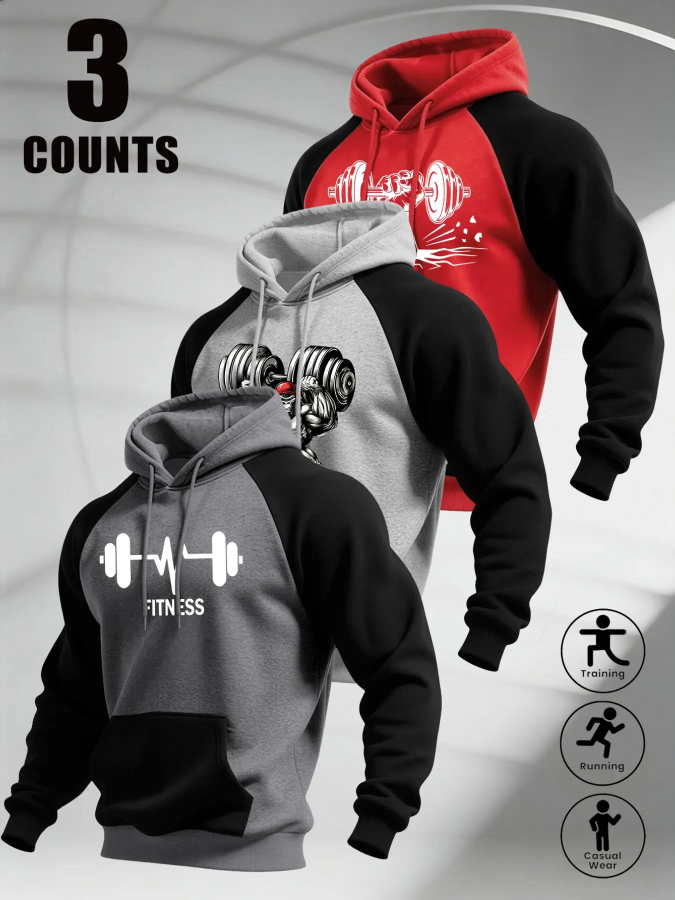 Men Raglan Sleeve Pullover Hoodies, Dumbbell Fitness Themed Graphic Print Kangaroo Pocket Sweatshirts, Soft Fabric Ideal for Gym Training, Running and Daily Casual Outfits#FitnessHoodie #GymPrintSweatshirt #RaglanSleeveHoodie #SportCasualWear