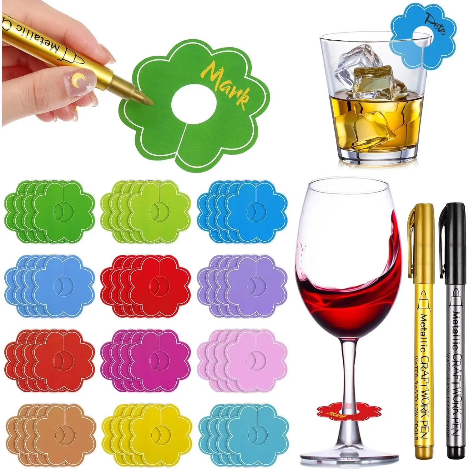 Deekin 48 Pcs Wine Glass Name Tags Personalized Disposable Paper Drink Identifier Markers Charms with Pen Drink Labels to Write for Wedding Bachelorette Birthday Summer Party Supplies(Round Flower)