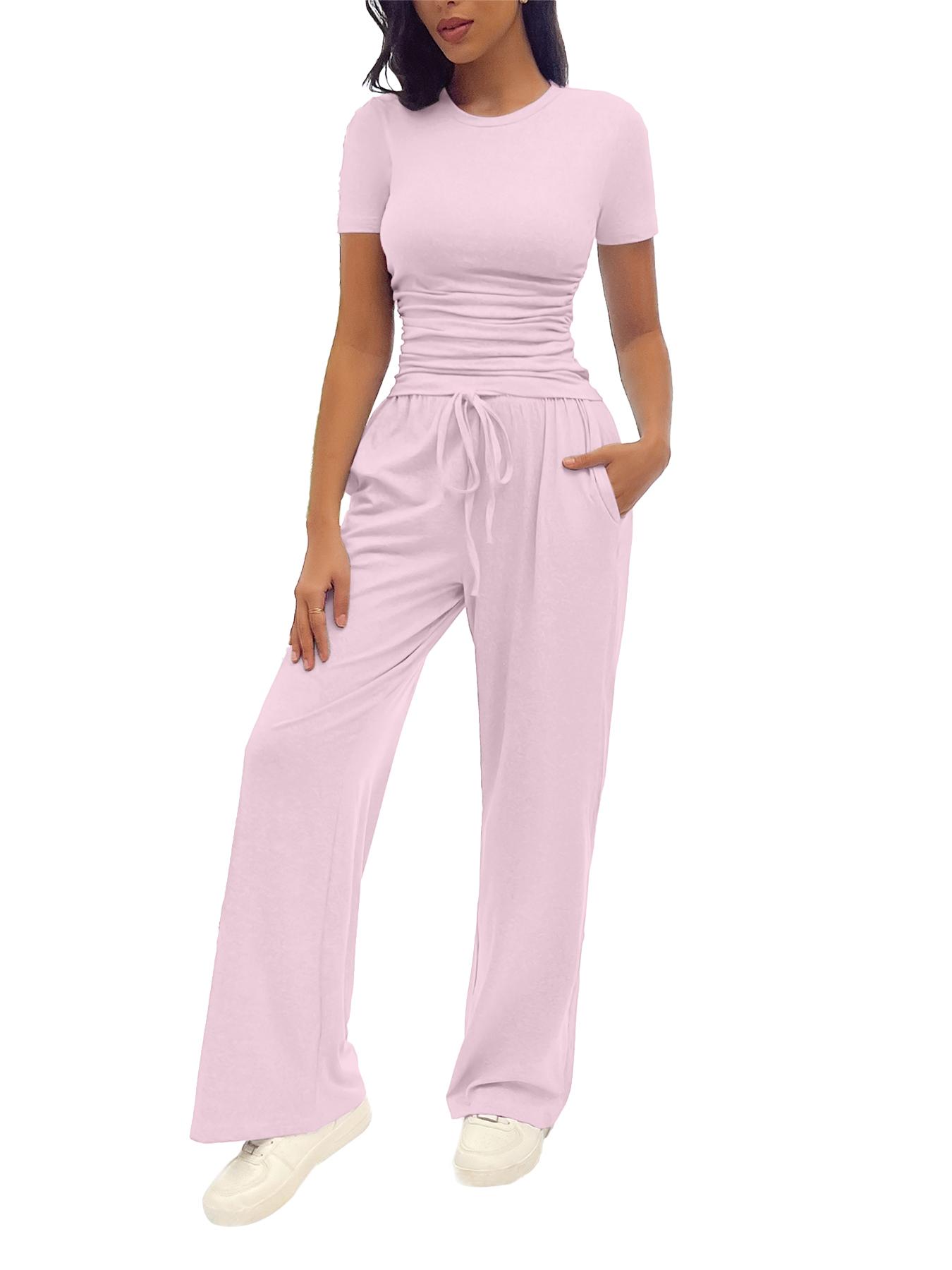 Women's Solid Round Neck Tee & Pants Loungewear Two/Six-Piece Set, Casual Pyjama Set for Women, Comfy Loungewear Set for Daily Home Wear