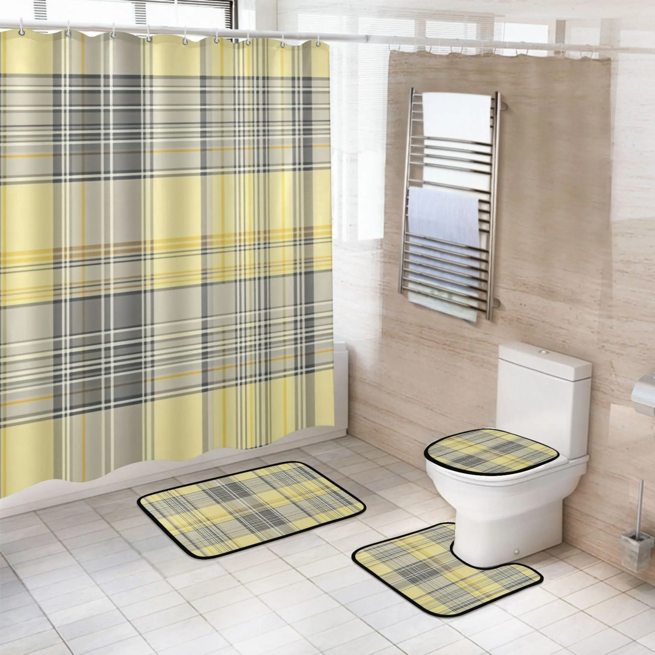 Modern 4-Piece Mat + Curtains Bathroom Set, Including Waterproof Hanging Printed Shower Curtain, Non-Slip Bath Mat, U-Shaped Toilet Accessory and Light Yellow & Grey Tartan Toilet Lid Cover